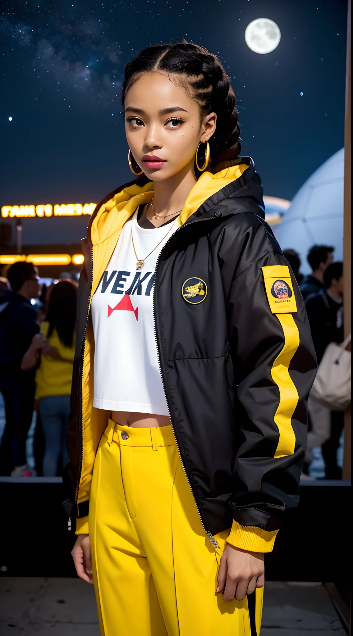 best quality, highres, solo, deep ebony 1girl, beautiful face, {{ box braids / afro / braided hair / curly hair }}, black lips, a female character is wearing a yellow and black colored outfit with a backpack and a yellow hoody jacket, dark black and yellow, sports leisure, green eyes, long hair, dangling earrings, cybernetically enhanced, chunky cuban link jewelry, medium breasts, she is standing in front of spaceships, satellites and moon rovers, starry night sky, pigeoncore, neo-dadaist, Asuka Langley, neon genesis EVA suit, mechanized precision, space crew member, she holds an important position, in crowd spectator at a tech conference in the style of mecha sci-fi anime