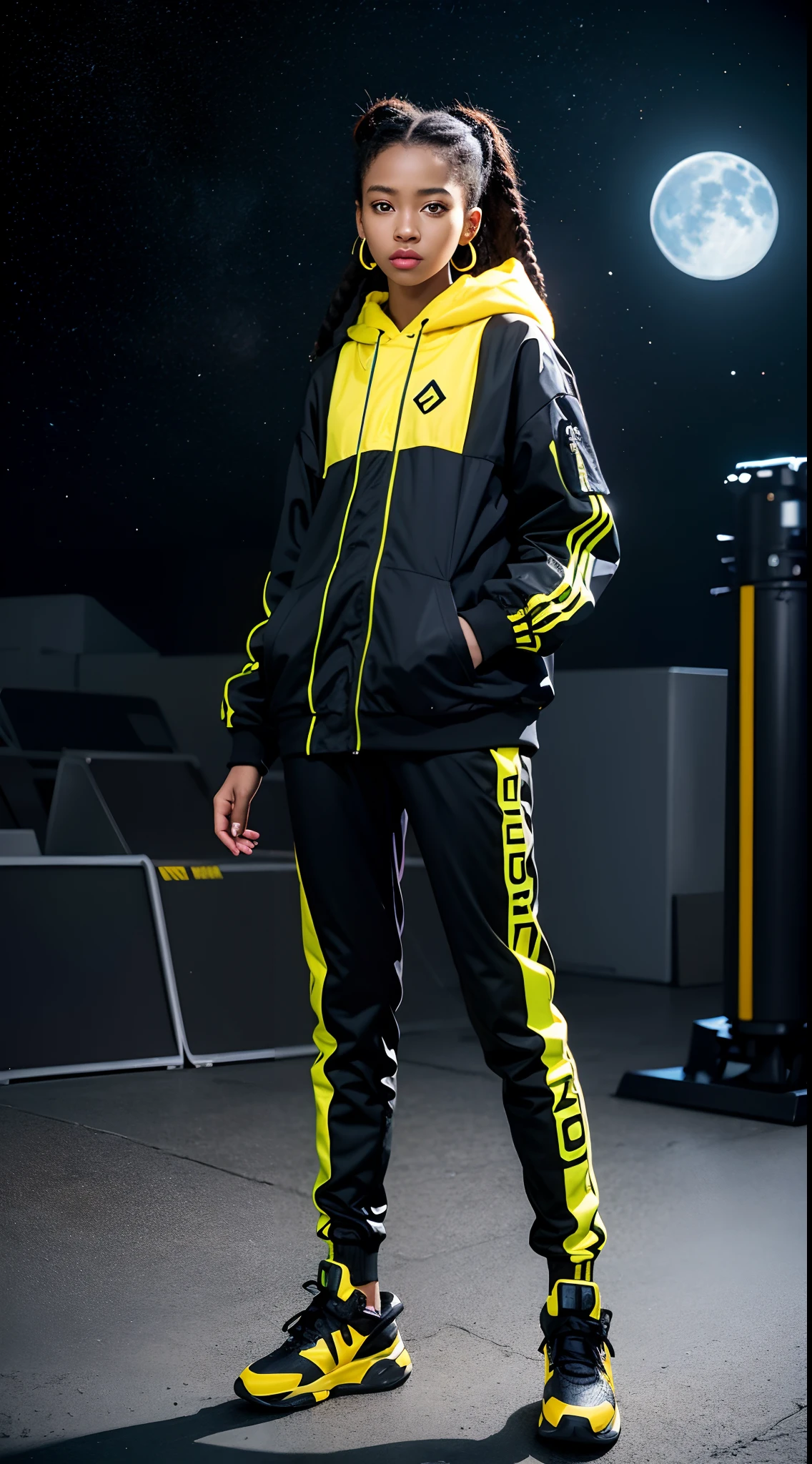 best quality, highres, solo, deep ebony 1girl, beautiful face, {{ box braids / afro / braided hair / curly hair }}, black lips, a female character is wearing a yellow and black colored outfit with a backpack and a yellow hoodie jacket, dark black and yellow, sports leisure, green eyes, long hair, diamond earrings, cybernetically enhanced, medium breasts, she is standing in front of spaceships, satellites and moon rovers, starry night sky, pigeoncore, neo-dadaist, Asuka Langley, neon genesis EVA suit, mechanized precision, space crew member, she holds an important position, in crowd spectator at a tech conference in the style of mecha sci-fi anime