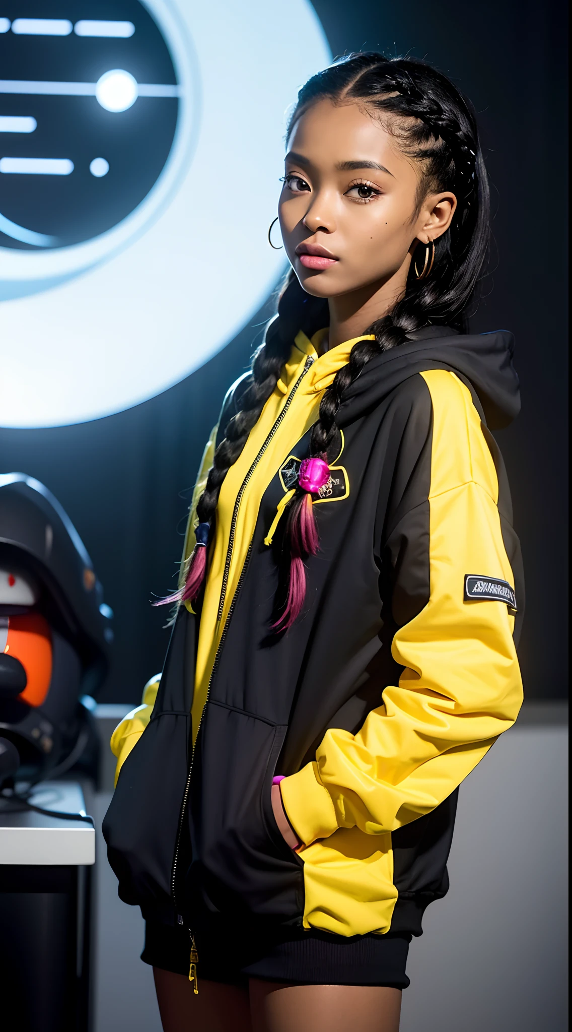 best quality, highres, solo, deep ebony 1girl, beautiful face, {{ box braids / afro / braided hair / curly hair }}, black lips, a female character is wearing a yellow and black colored outfit with a backpack and a yellow hoodie jacket, dark black and yellow, sports leisure, green eyes, long hair, diamond earrings, cybernetically enhanced, medium breasts, she is standing in front of spaceships, satellites and moon rovers, starry night sky, pigeoncore, neo-dadaist, Asuka Langley, neon genesis EVA suit, mechanized precision, space crew member, she holds an important position, in crowd spectator at a tech conference in the style of mecha sci-fi anime