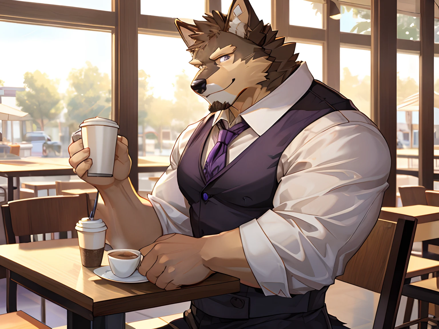 Pubraseer, Furry German shepherd dog, Brown Furs, Two Toned Colors, Purple Detailed Eyes, Muscular body, handsome, good looking, Waiter Set, Smirking, cool pose, Coffee, Lunch, Morning Cafe Background.