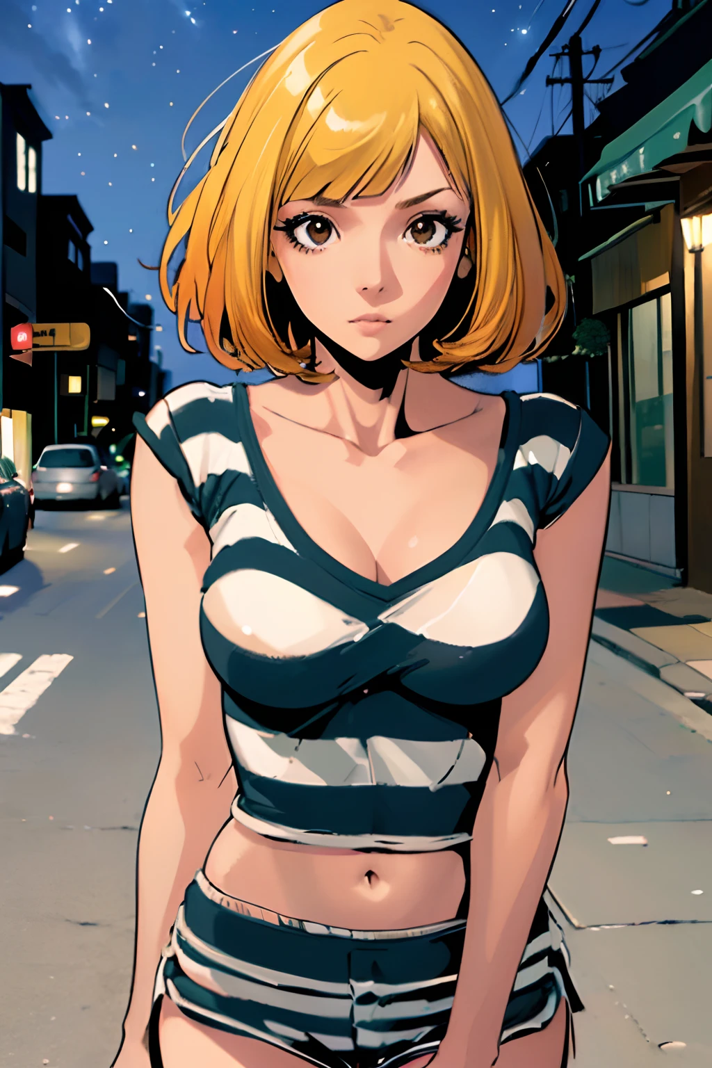 (best quality, high resolution, master part :1.3), Uma mulher bonita, figura esbelta, Cabelos loiros, camiseta, (Street in the city at night), Textura altamente detalhada do rosto e da pele, Olhos detalhados, Double eyelidm