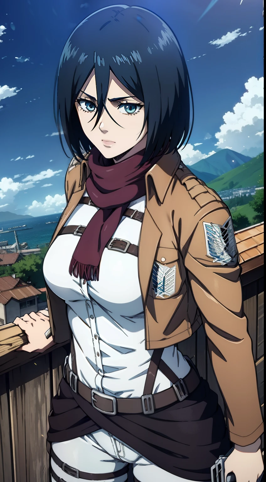 Sexy, combat stance, Super Epic Composition, aot style, Shingeki no Kyojin, mikasa ackerman, 1girl,(Body Full 1.1), Hand strap, quiff, black  hair, Black pants, 가슴, green colored eyes, Hair between the eyes, turnstile, long sleeves, looks at the viewer, Average Breasts,, breeches, red scarf, a scarf, Shirt, Short Hair Hair, Roof of the city, roof, Sun, In the air, Holds blades in his hands, jump, Smoke, 独奏, hip belt, brown jacket, white  shirt, Scientific Research Building \(Emblem\), ((tmasterpiece)), beste-Qualit, Sex, hooligan, waist, legsupms, buttocks, 가슴, (Body Full 1.1), Camera from above, Frame from above, the night, Lights, looks at the viewer, ssmile, grin, criminal, laughting, Cool anime 8K, Clean and detailed anime art, 4K Manga Wallpapers, Подробный портрет Anime Girl, Anime 4K Style, Anime Art Wallpapers 4K, Anime Art Wallpaper 4K Masterpiece, Gorgeous, Best Quality,