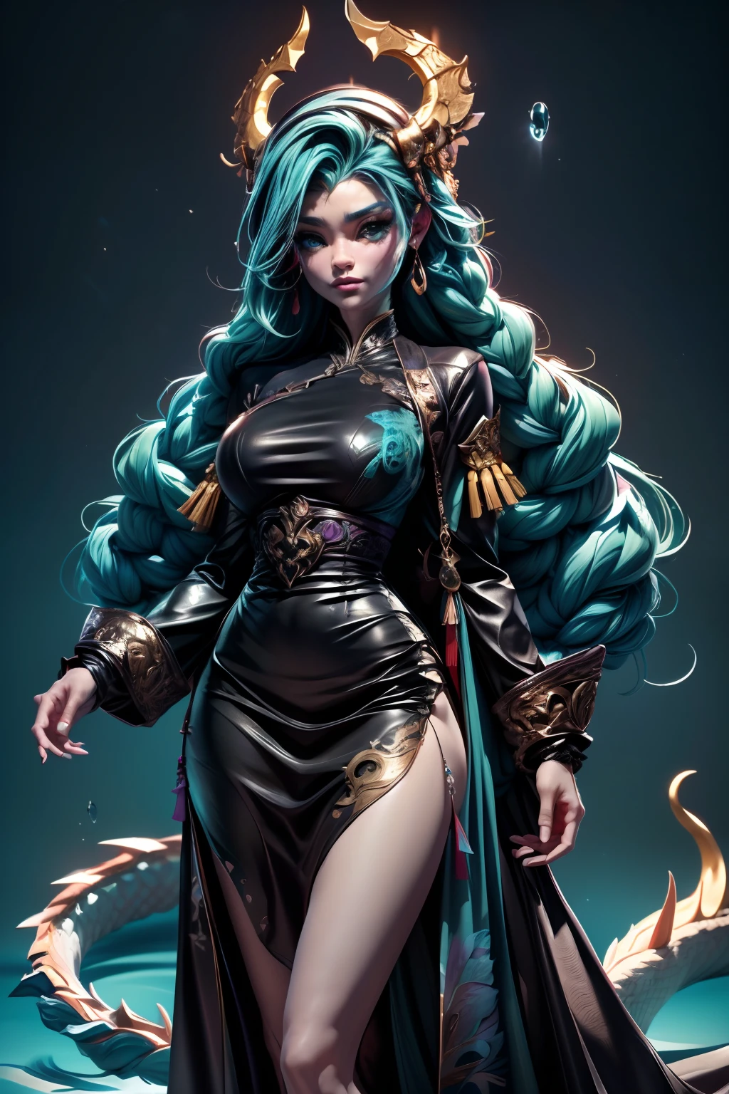 *8k Masterpiece, Top Quality, Best Quality, Official Art, (Beauty and Aesthetics: 1.3), Extremely Detailed, (Fractal Art: 1.3), Colorful, Ice and Chinese Dragon, Serpentine Body, Claw, Cyan and 1 Woman, Han Woman's Media, Hanfu, Cyan