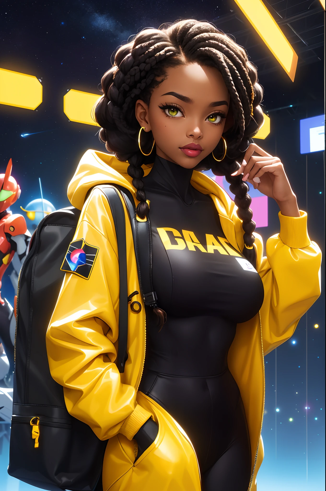 best quality, highres, solo, deep ebony 1girl, beautiful face, {{ box braids / afro / braided hair / curly hair }}, black lips, a female character is wearing a yellow and black colored outfit with a backpack and a yellow hoodie jacket, dark black and yellow, sports leisure, green eyes, long hair, diamond earrings, cybernetically enhanced, medium breasts, she is standing in front of spaceships, satellites and moon rovers, starry night sky, pigeoncore, neo-dadaist, Asuka Langley, neon genesis EVA suit, mechanized precision, space crew member, she holds an important position, in crowd spectator at a tech conference in the style of mecha sci-fi anime
