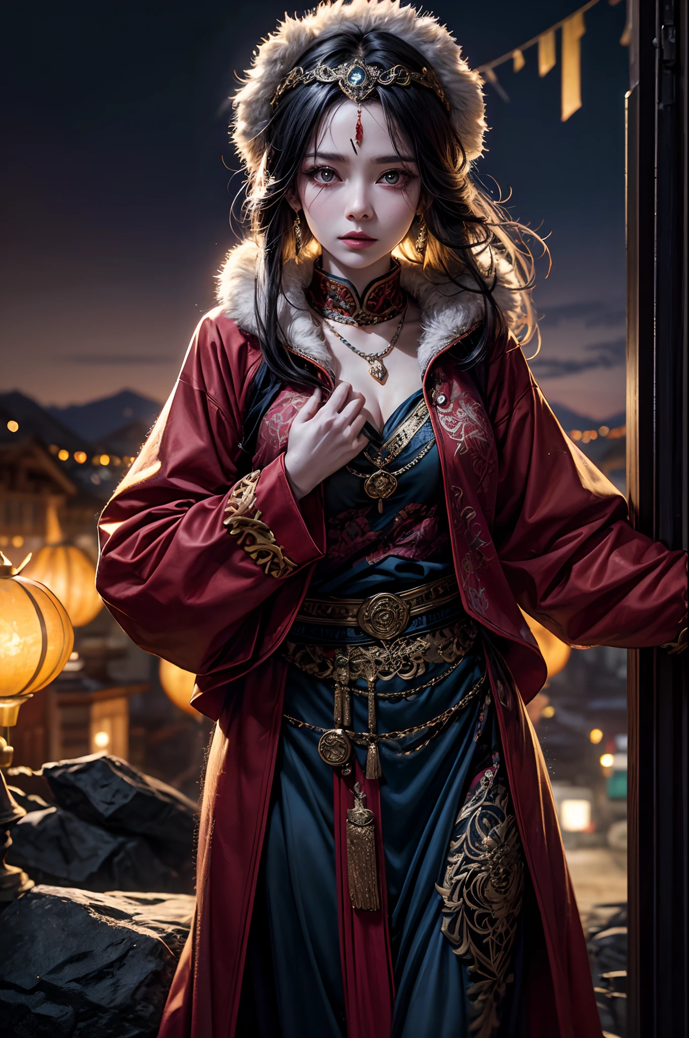 （tmasterpiece，best qualtiy，realisticlying：1.37），（Complex and sophisticated，Highly detailed skin and face），（1girll），独奏，standing on your feet，a beauty girl，Tibetan clothing，Colorful costumes， Fleece collar， Padded collar，High-end Tibetan clothing，Cumbersome Tibetan costume design，Warm clothing，Winter clothing，Appearance Yang Chaoran，Rounded face shape，Gorgeous Tibetan costumes，Cumbersome Tibetan necklace，Cumbersome Tibetan headdress，Colored headband，cinematic pastel lighting，8k wallpaper，Solidarity，art  stations，High resolution CG