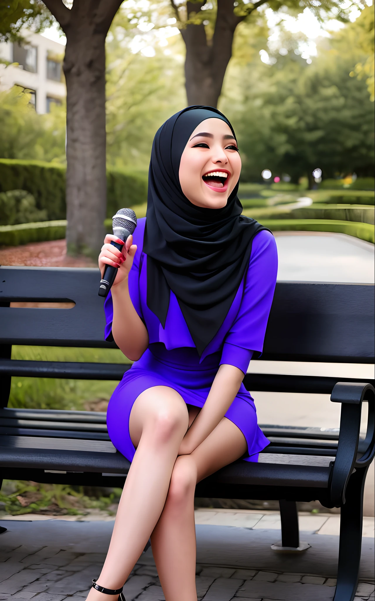 woman in a purple dress sitting on a bench with a microphone, inspired by Nazmi Ziya Güran, faridah malik, captured on canon eos r 6, mutahar laughing, hijab, inspired by Fathi Hassan, serena malyon, siya oum, zenra taliyah, islamic, hana alisa omer, inspired by Ni Yuanlu, detailed picture, naked boobs
