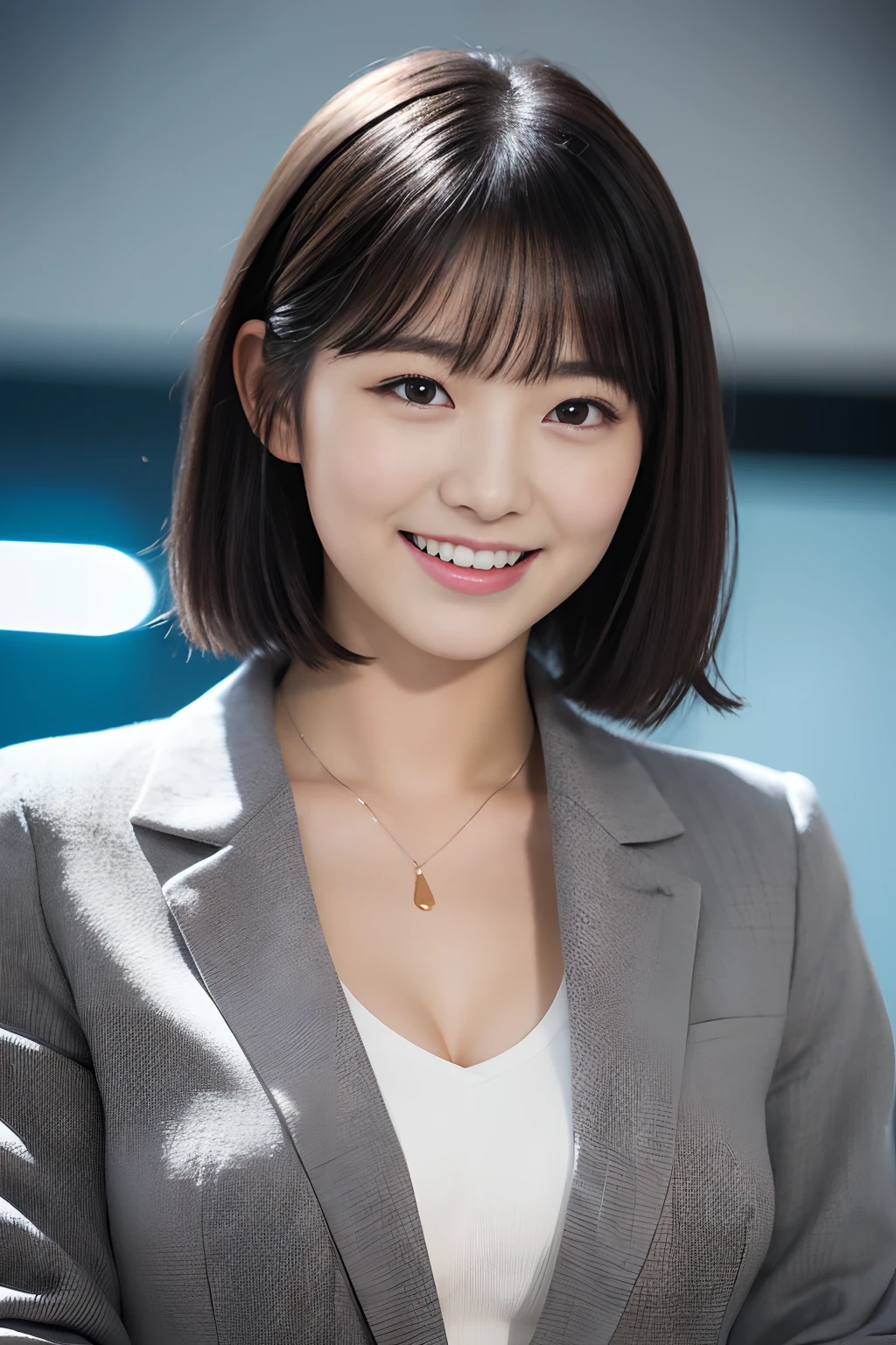Raw photo, Highest Quality,(masutepiece:1.0), Professional Photography, High resolution, hyperdetails, Photorealistic, Best Quality, extremely delicate and beautiful illustration, (One girl), Solo, Perfect Anatomy, (short-hair:1.2), Dark hair, Blunt bangs, Detailed eyes, japanese young girl, , a baby face、Incrediiful Japan girls, beautiful detailed background, (extremely delicate and beautiful illustration), (In the in-house conference room:1.3)、(Stand up and give a presentation:1.2), (Gray business suit、Grey jacket、white shirt、Tight mini skirt), (Full body:1.1), Shy laughter,