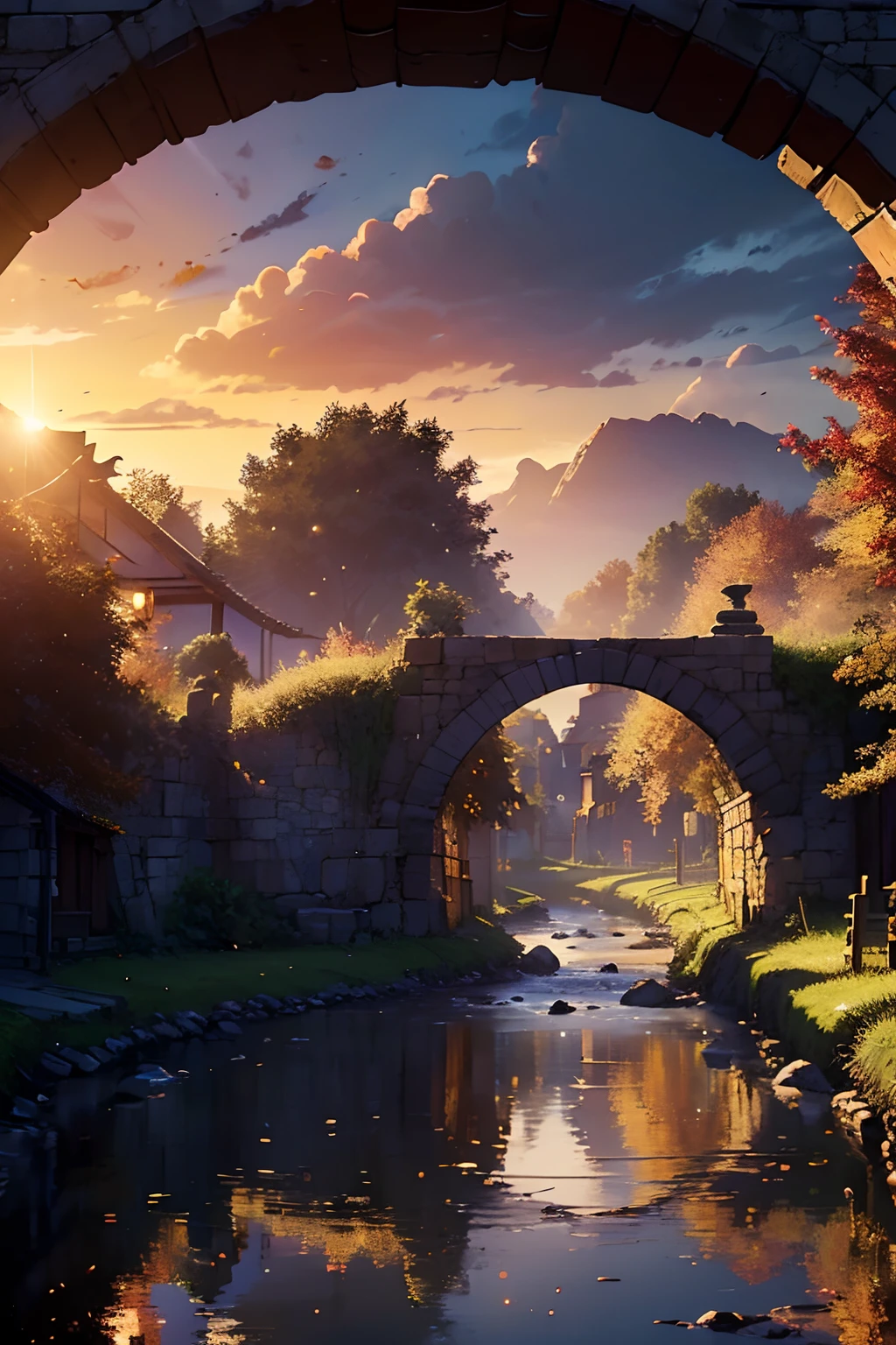 ((masterpiece, best quality)), ((the village, afternoon, sunset, portal to another world, festival, river, autumn, dramatic lighting))