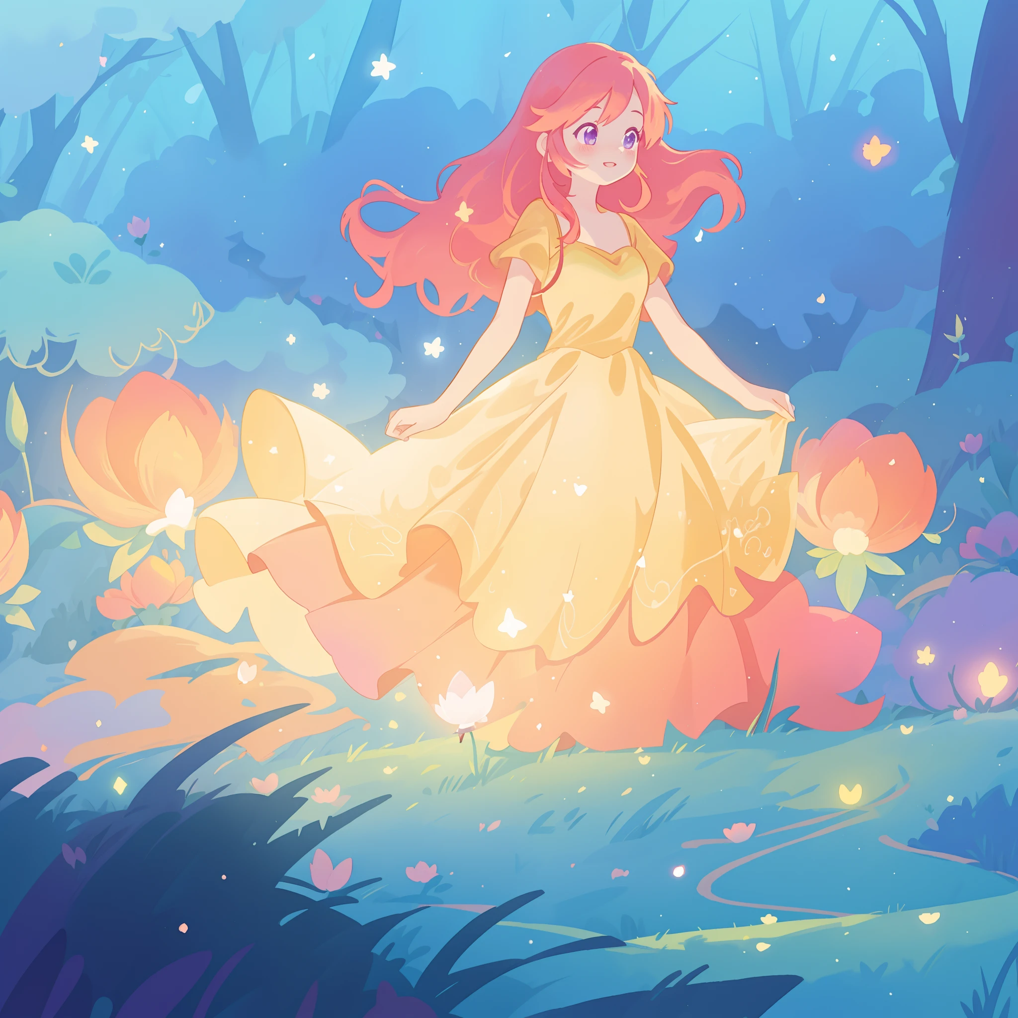 beautiful girl in glowing golden ballgown, long flowing red pink hair, fantasia magical forest background, watercolor illustration, disney art style, glowing aura around her, glowing lights, beautiful digital illustration, fantasia otherworldly landscape plants flowers, beautiful, masterpiece, best quality, anime disney style