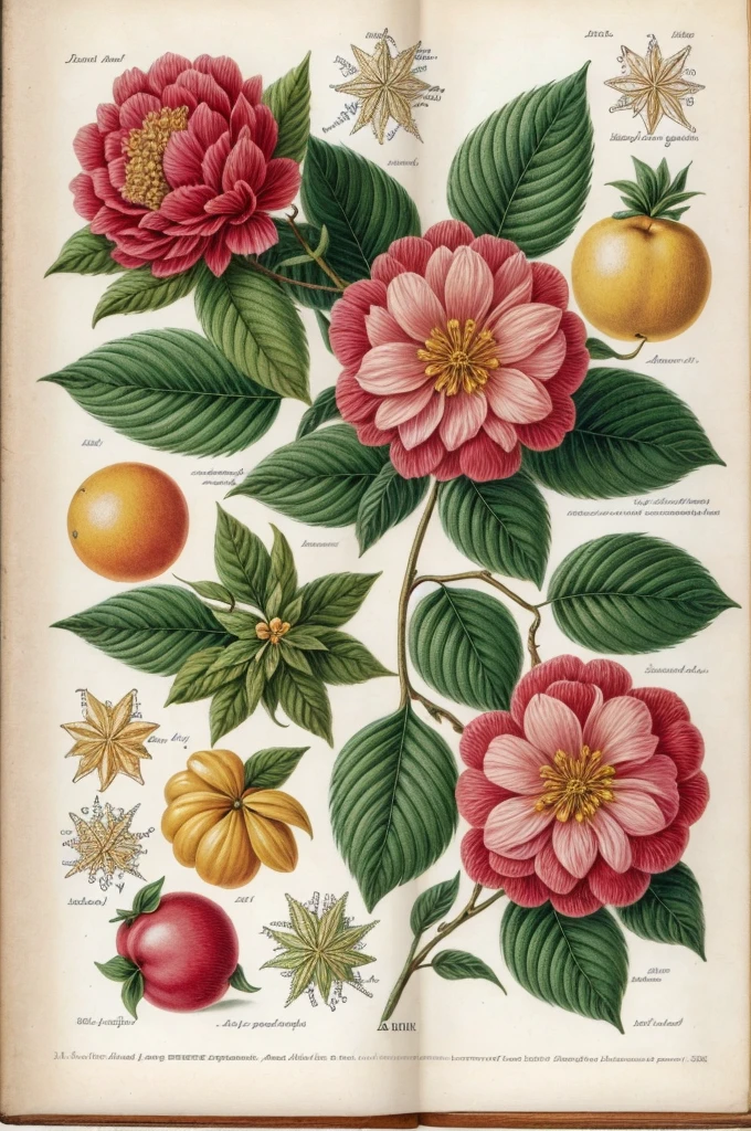 I want a drawing of a plant in the style of an old explanatory sketch, on a sheet of paper. The drawing must include all the elements of the plant: Estate, Stems, leaves, flowers and fruits. It is important that the style is detailed and realistic, as if it were part of a field notebook.The drawing should be in soft and natural tones, avoiding strong colors. Colors should be subtle, similar to those that might have been used in old illustrations, Illustrations must include anatomical details, as cross sections of fruits and seeds. The entire plant should be colorful but with soft tones. The fruit plant will be an apple