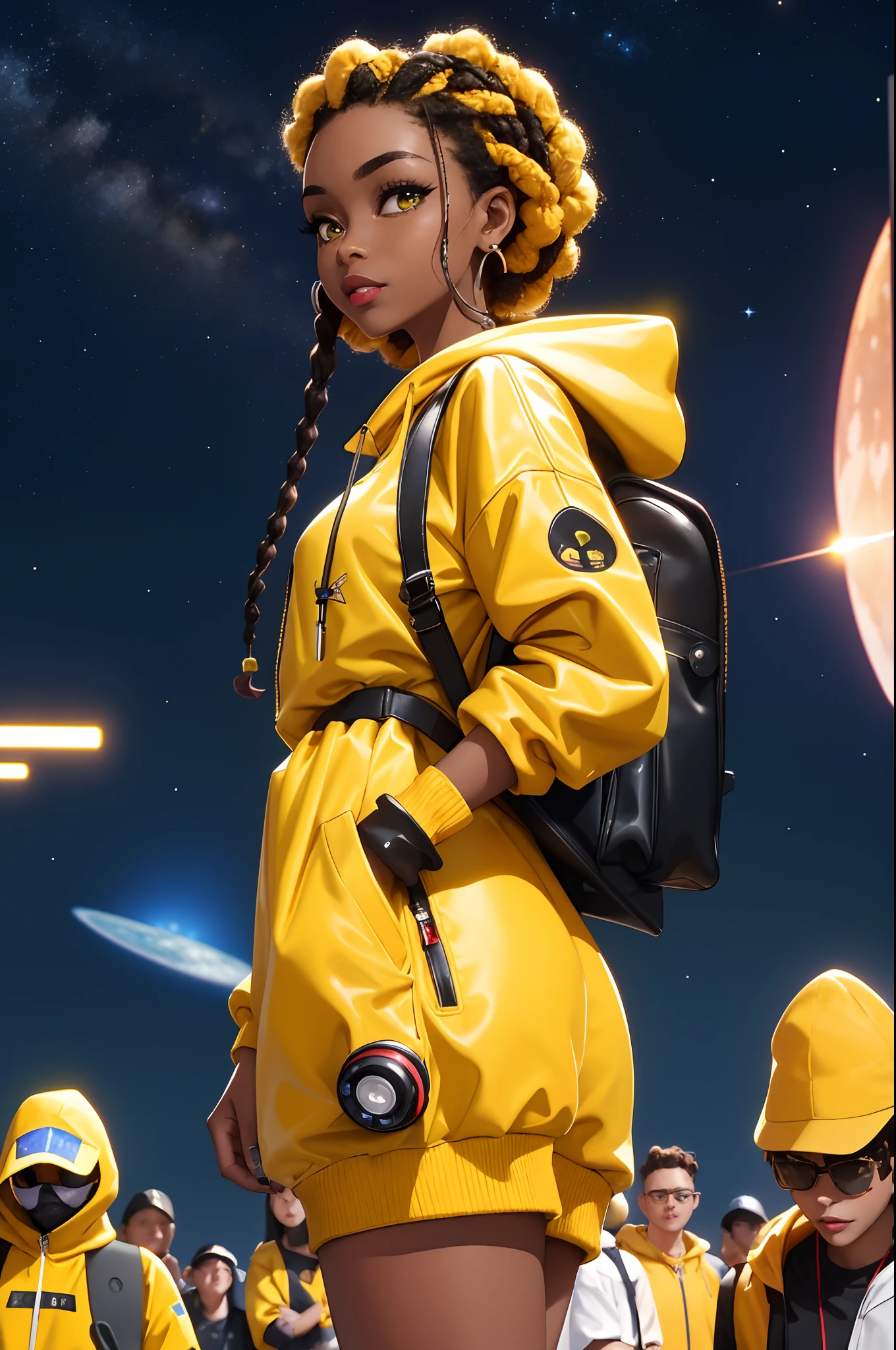 best quality, highres, solo, deep ebony 1girl, beautiful face, {{ box braids / afro / braided hair / curly hair }}, black lips, a female character is wearing a yellow and black colored outfit with a backpack and a yellow hoodie jacket, dark black and yellow, sports leisure, green eyes, long hair, diamond earrings, cybernetically enhanced, medium breasts, she is standing in front of spaceships, satellites and moon rovers, starry night sky, pigeoncore, neo-dadaist, Asuka Langley, neon genesis EVA suit, mechanized precision, space crew member, she holds an important position, in crowd spectator at a tech conference in the style of mecha sci-fi anime