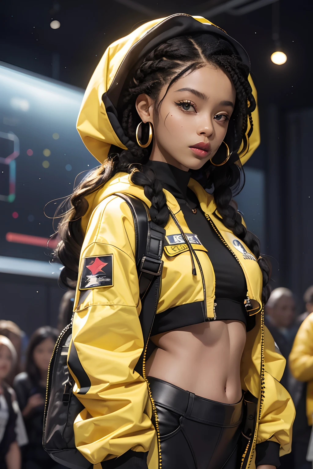best quality, highres, solo, deep ebony 1girl, beautiful face, {{ box braids / afro / braided hair / curly hair }}, black lips, a female character is wearing a yellow and black colored outfit with a backpack and a yellow hoodie jacket, dark black and yellow, sports leisure, green eyes, long hair, diamond earrings, cybernetically enhanced, medium breasts, she is standing in front of spaceships, satellites and moon rovers, starry night sky, pigeoncore, neo-dadaist, Asuka Langley, neon genesis EVA suit, mechanized precision, space crew member, she holds an important position, in crowd spectator at a tech conference in the style of mecha sci-fi anime