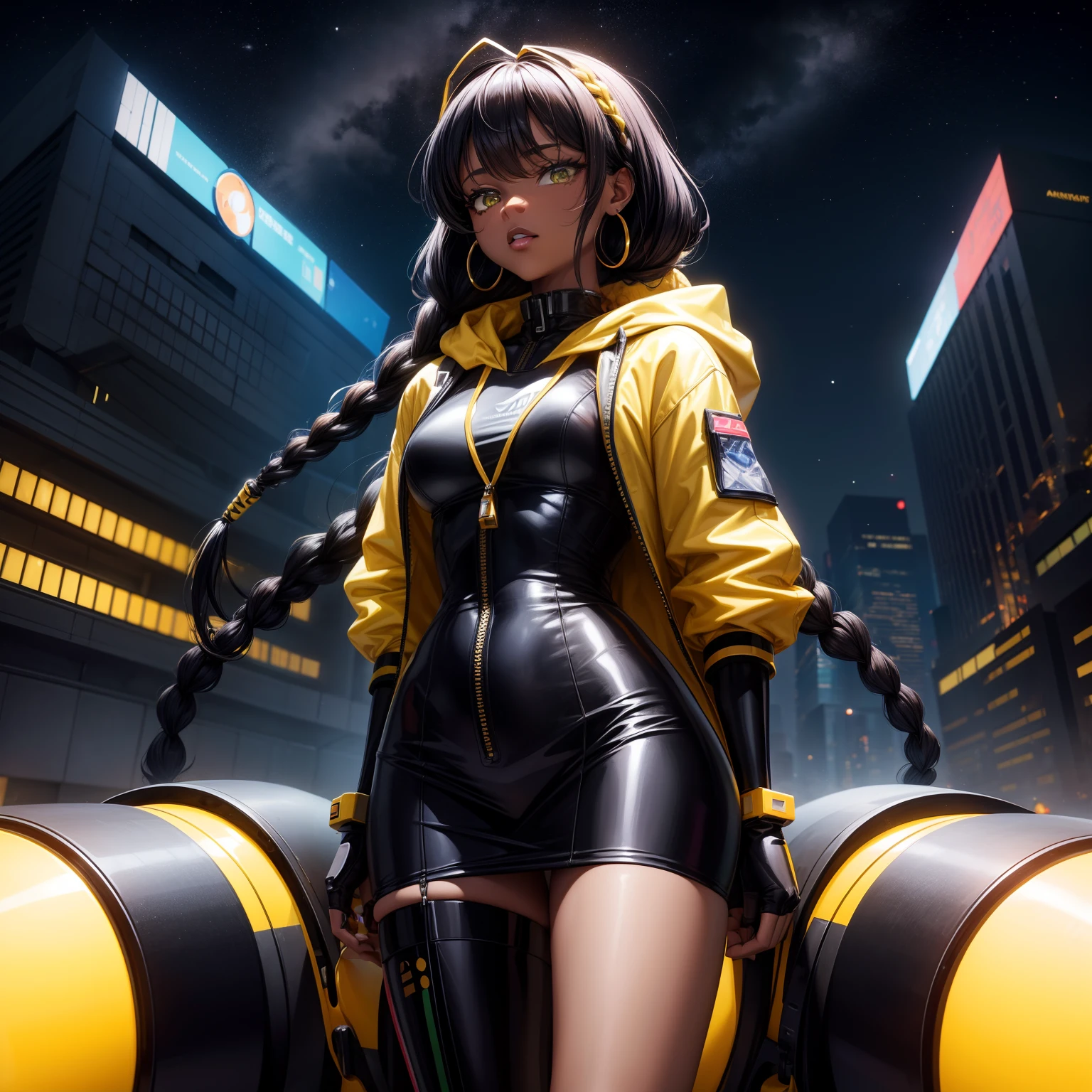 best quality, highres, solo, deep ebony 1girl, beautiful face, {{ box braids / afro / braided hair / curly hair }}, black lips, a female character is wearing a yellow and black colored outfit with a backpack and a yellow hoodie jacket, dark black and yellow, sports leisure, green eyes, long hair, diamond earrings, cybernetically enhanced, medium breasts, she is standing in front of spaceships, satellites and moon rovers, starry night sky, pigeoncore, neo-dadaist, Asuka Langley, neon genesis EVA suit, mechanized precision, space crew member, she holds an important position, in crowd spectator at a tech conference in the style of mecha sci-fi anime
