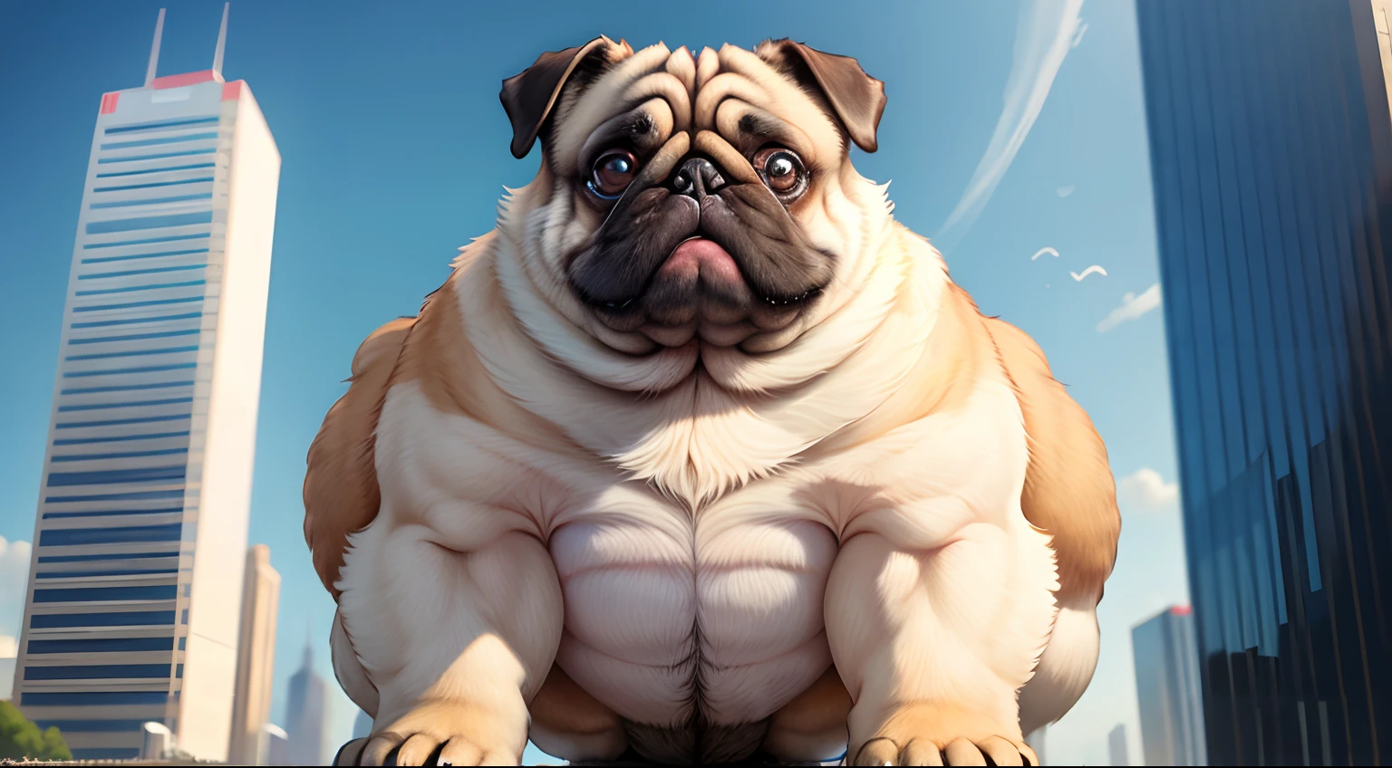 Gigantic Musclegut pug standing next to a skyscraper, growing bigger
