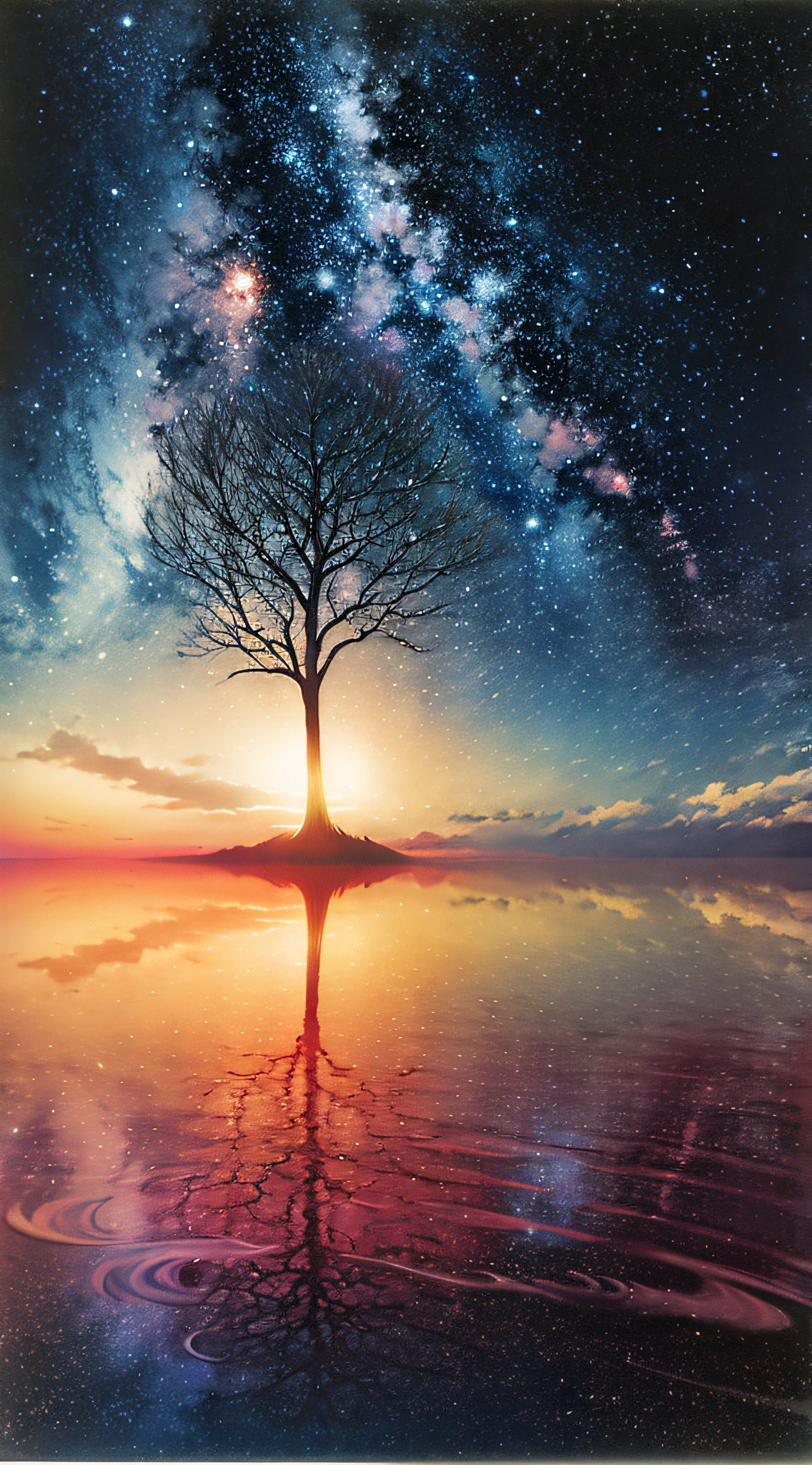 starrysky,There is a lone tree and ladder in the middle, sitting on the cosmic cloudscape, Surreal space, dream scenery art, tranquility of the endless stars, cosmic starry sky, view of the cosmos, Cosmos Sky, galactic landscape, Milkyway Sky, universe in the sky, cosmos sem fim no fundo, floating in the universe, Cosmos Sky