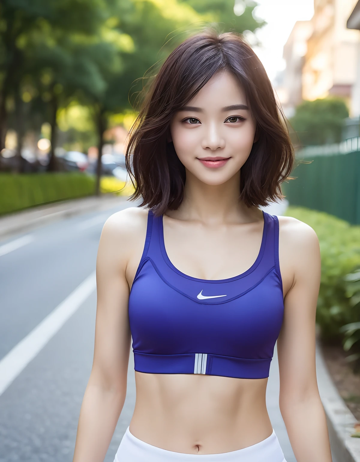 ((Top Quality, 8k, Masterpiece: 1.3)), Sharp Focus: 1.2, Perfect Body Shape Pretty Woman: 1.4, Slender Abs: 1.2, (Layered Haircut, Big: 1.8), (Sports Bra: 2.0), (Jogging: 1.8), (Street: 1.2), Highly Detailed Face and Skin Texture, Detailed Eyes, Double Eyelids, Smile, Bokeh,