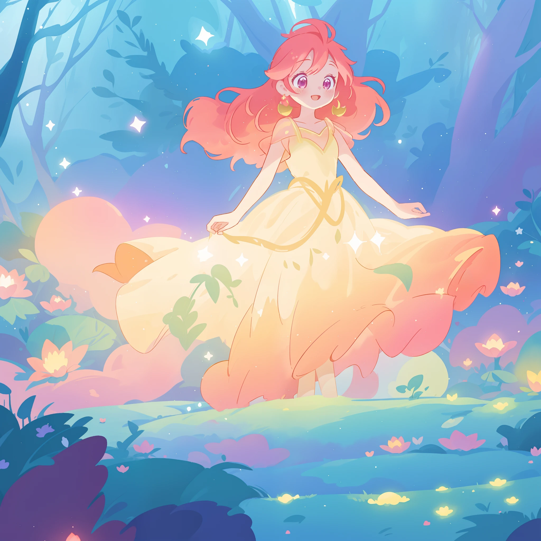 beautiful girl in glowing golden ballgown, long flowing red pink hair, fantasia magical forest background, watercolor illustration, disney art style, glowing aura around her, glowing lights, beautiful digital illustration, fantasia otherworldly landscape plants flowers, beautiful, masterpiece, best quality, anime disney style