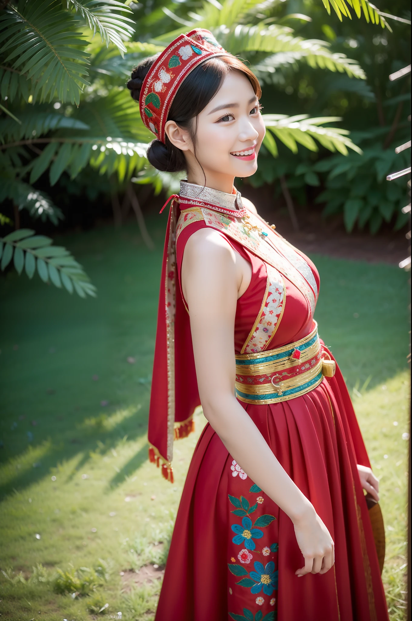 (8K分辨率,Vista full body photo),(1womanl,20yr old,(Facial features of Thai Aum:1.8,s delicate face),详细的脸,Redlip,Fair smooth skin,(Classic Hmong costume:1.4,(nedium breasts、The back is decorated with floral fabric,The cuffs are multi-colored horizontal strips,Cardigans,Short waist long version),Headband silver crown(Silver Crown(styling:It is quadrangular and protruding,entangle,Such as spiral or eccentric,Various patterns are printed on the flat surface),Silver items(Silver collars range from small to large,There are up to seven circles),Silver necklace,Bun hairpins),(pleatedskirt,There is a belt(Hmong embroidery、batik)),耳Nipple Ring,bangle,Tall and tall,The action of the conversation,perfect hand,Ultra-fine clothing material),(Traditional Xijiang Miao village,Festive party night background in cottage,Exquisite environmental details),(exhilarated,confident smile,Rejoice),(profesional lighting,动态照明),((The colors are more balanced,(black in color,blue colors,red colour))),(Golden section,Cinema lenses,Hasselblad photograp,tmasterpiece:1.3),(Miaozhai idol,Focus on the field,trendsetting,Folklore artist,Art platform)
