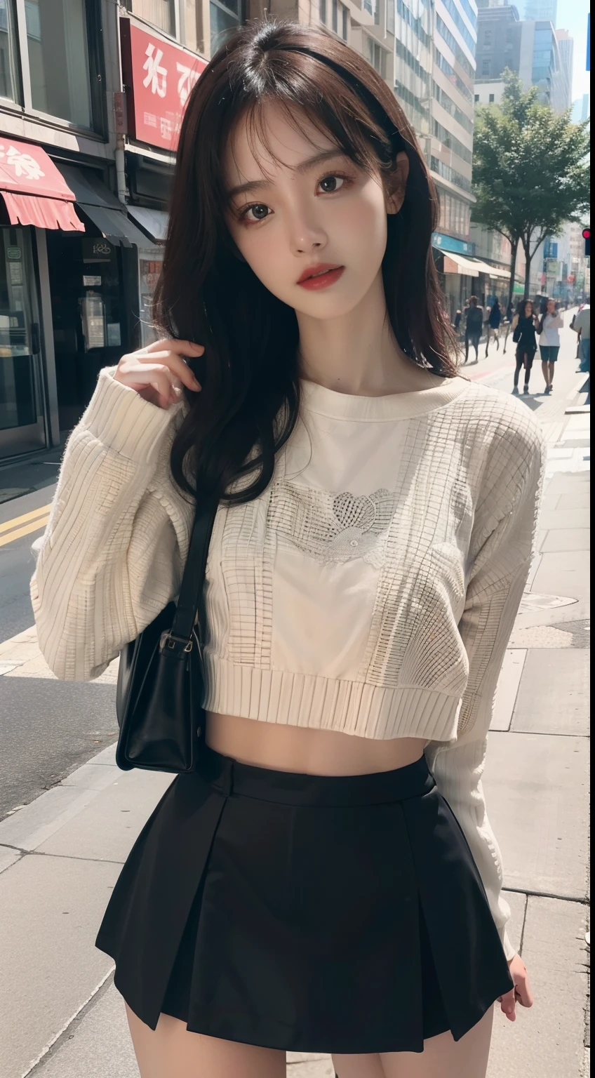1 girl in,超A high resolution, Photorealistic, Best Quality, 8K resolution,、street corner、turned around、Thin constriction、Suits、Black mini skirt、 Ah face, Ecstasy, Face up, Shoot from above, Eyes roll back, eyes up
