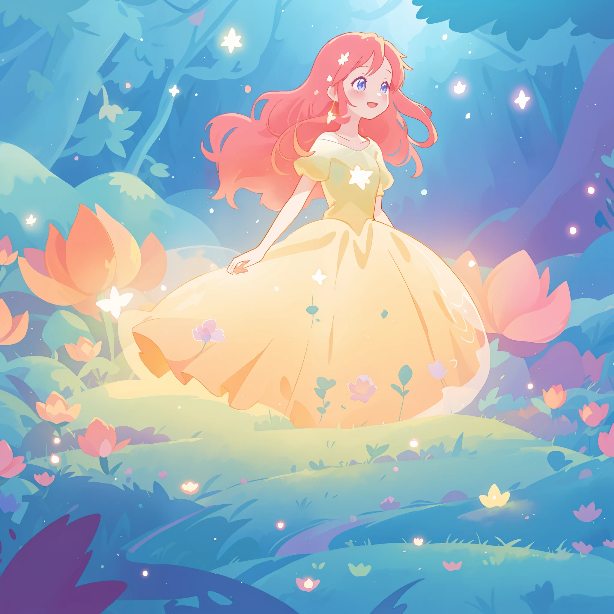 beautiful girl in glowing golden ballgown, long flowing red pink hair, fantasia magical forest background, watercolor illustration, disney art style, glowing aura around her, glowing lights, beautiful digital illustration, fantasia otherworldly landscape plants flowers, beautiful, masterpiece, best quality, anime disney style