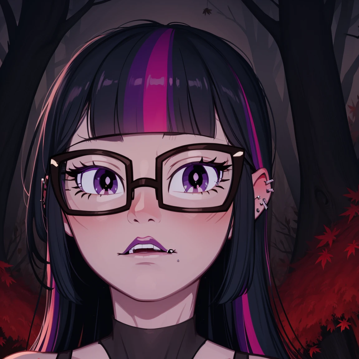 Twilight sparkle, goth girl, autumn forest background, detailed, detailed, detailed, beautiful, detail, goth girl, masterpiece, glasses, dark night background, gothic, goth, goth, detailed, goth girl, piercings, detailed face, looking viewer, Twilight sparkle, (Dark eye shadow) dark eye shadow, black eye shadow,