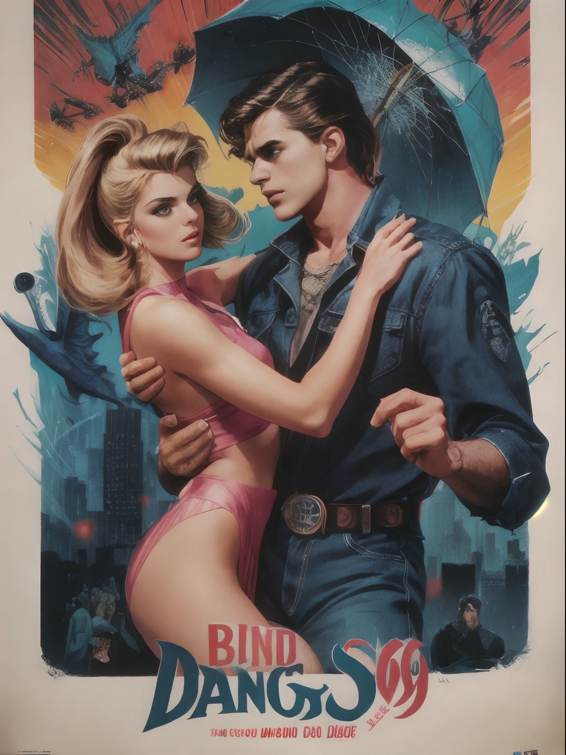 1980s \(style\) retro movie poster, dance party, huge bold text, poster art, disco theme, strong, bold inking techniques, romantic design, This bold inking style adds to the overall dramatic and visually striking aesthetic.