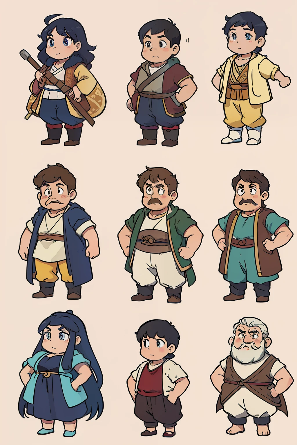 A group of cartoon characters of different ages and sizes,Stand side by side,Full body diagram,Ancient style,full character design