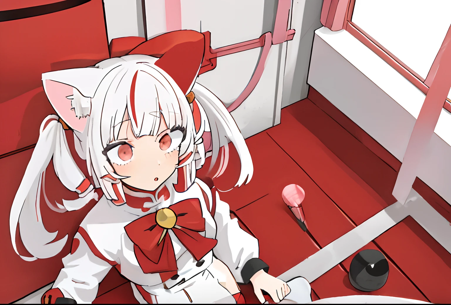 1boy, 1girl, anime girl with white hair and red outfit, anime girl with cat ears, very beautiful anime cat girl, cute anime catgirl, beautiful anime catgirl, sex, vaginal penetration, cum in vaginal, penis, sex from behind