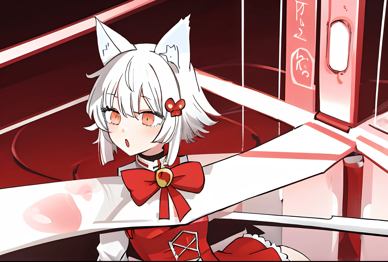 1boy, 1girl, anime girl with white hair and red outfit, anime girl with cat ears, very beautiful anime cat girl, cute anime catgirl, beautiful anime catgirl, sex, vaginal penetration, cum in vaginal, penis, sex from behind