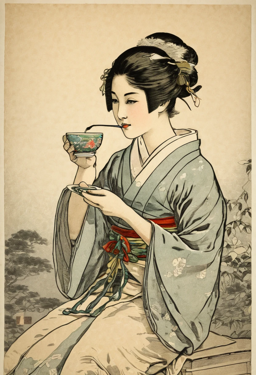 a old engraving of a japanese beautiful girl drinking a cup of cold tea, color engraving, japanese ink drawing
