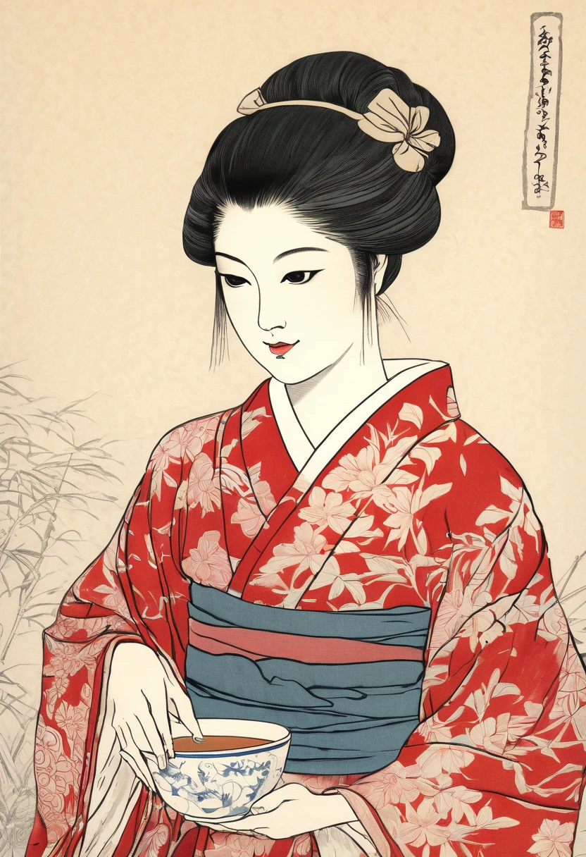(old engraving,color engraving,cup of cold tea,japanese beautiful girl,japanese ink drawing,detailed eyes,red kimono,serene expression,fine lines,cultural background,antique style,nature scenery,traditional teaware,delicate features,flowing hair,peaceful atmosphere,vibrant colors,artistic interpretation,light and shadows,ethereal beauty,subtle textures) (best quality,ultra-detailed,realistic:1.37)