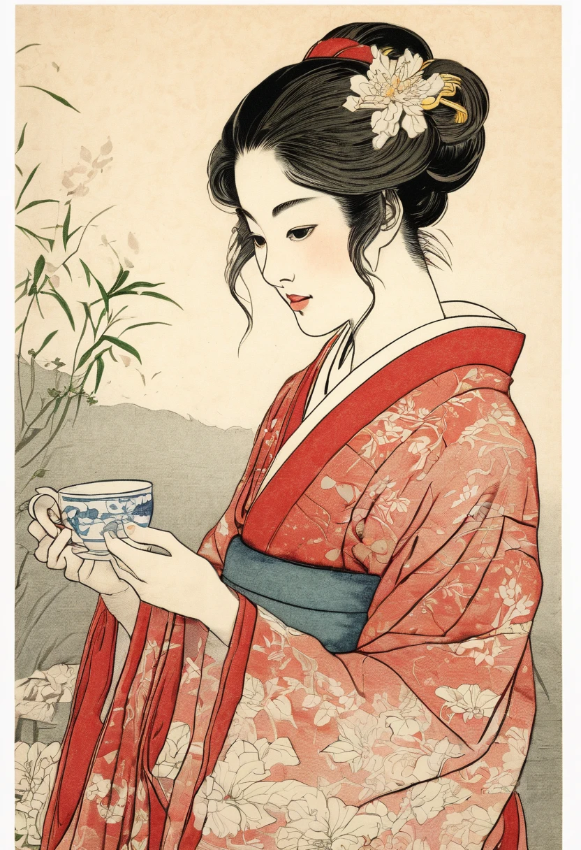 (old engraving,color engraving,cup of cold tea,japanese beautiful girl,japanese ink drawing,detailed eyes,red kimono,serene expression,fine lines,cultural background,antique style,nature scenery,traditional teaware,delicate features,flowing hair,peaceful atmosphere,vibrant colors,artistic interpretation,light and shadows,ethereal beauty,subtle textures) (best quality,ultra-detailed,realistic:1.37)