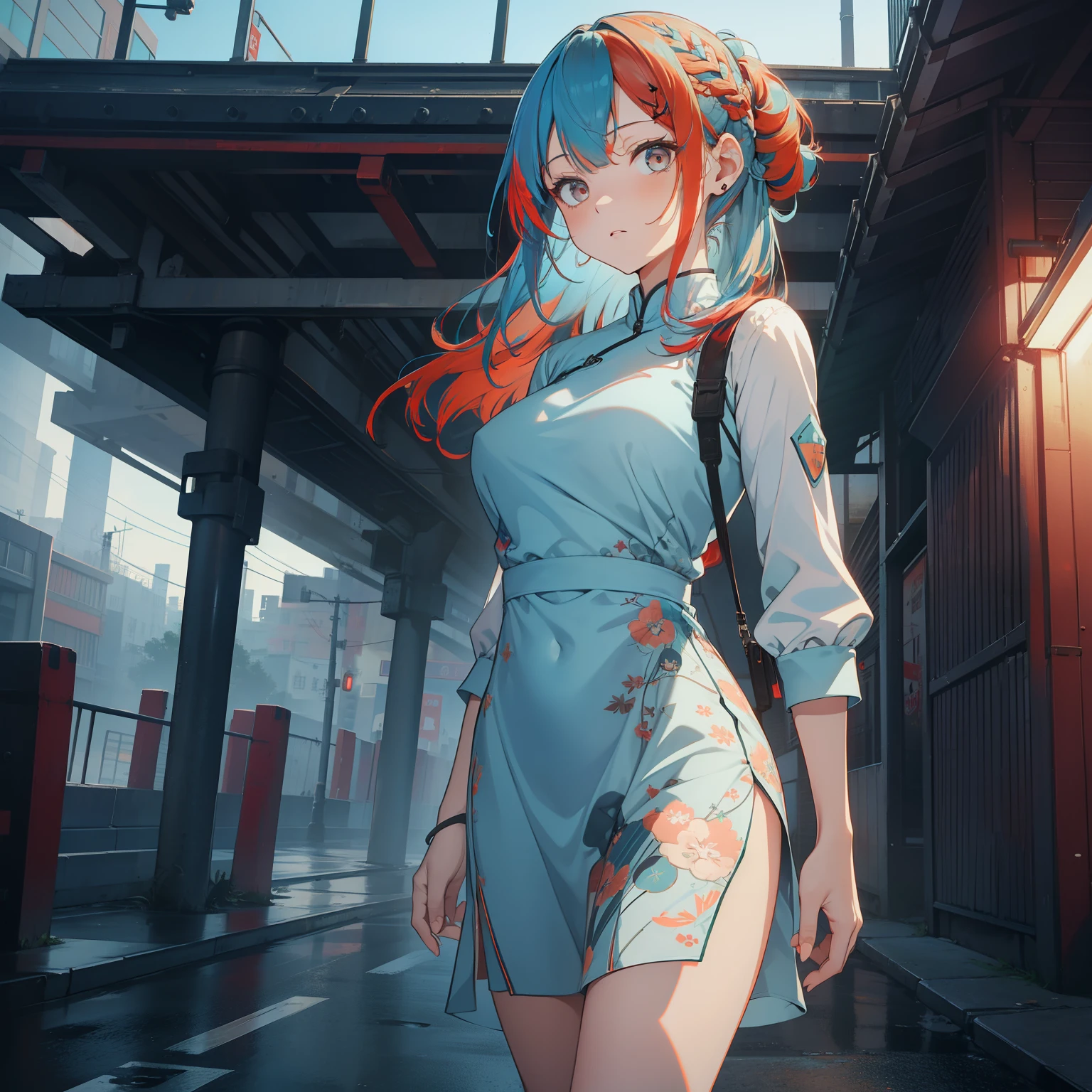 (masutepiece,Best Quality,8K),(extremely detailed CG1.1),1 girl,deadpan,large boob,Underpass,nighttime scene,(From below:1.2),Summer light,Intricate details , Hyper realistic, Perfect Anatomy,Red Eyes,Bun,((((((lightblue hair)))))),Bangs,hair slicked back,Full body,qipao dress,short-hair,Powerful Pose