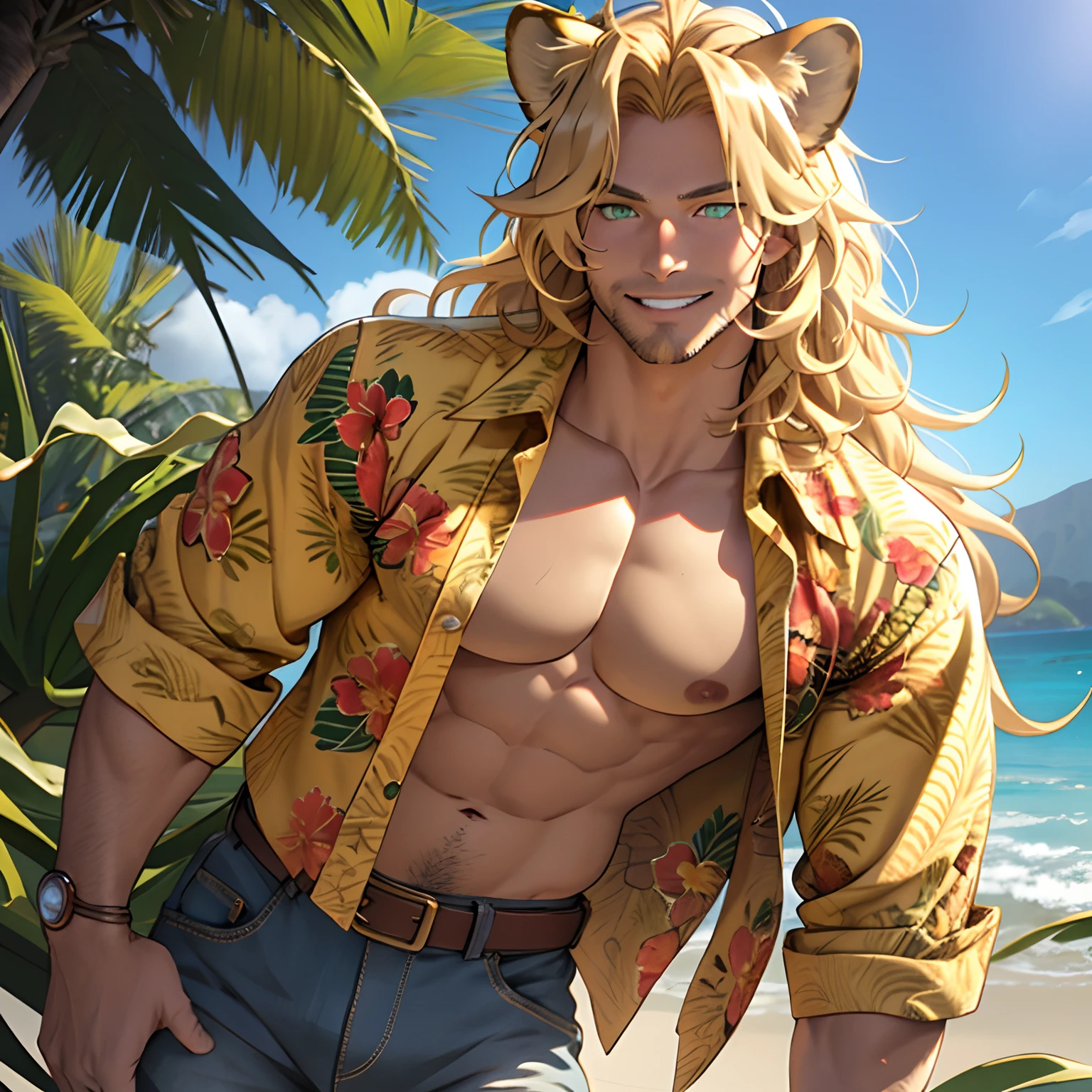 Hawaiian shirt, One male, lion ears, long hair, blond, blond hair, green eyes, tall, muscular, beautiful face, highest quality, masterpiece, 3d, anime, perfect face, highest detail, feline eyes, stubble, lion tail, wavy hair, cowboy shot, detailed face, intricate details, sunny background, smile, solo