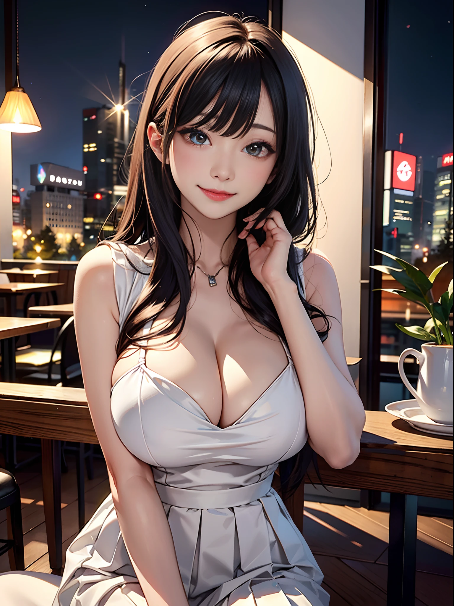 (8K, Raw photo, Best Quality, masutepiece:1.2), (Realistic, Photorealsitic:1.37), Ultra-detailed,
1 girl,Cute, Solo,Beautiful detailed sky,Detailed Cafe,Night,Sitting,fixed,(nose blush),(Smile:1.1),(Closed mouth),(gigantic cleavage breasts：2.0), Seductive smile, large aparture, Professional Lighting, Sony A7R4, Zessie 50mm f1.8,Beautiful detailed eyes,(white sexy dress:1.1),,Pleated skirt,(Long whit hair),Floating hair