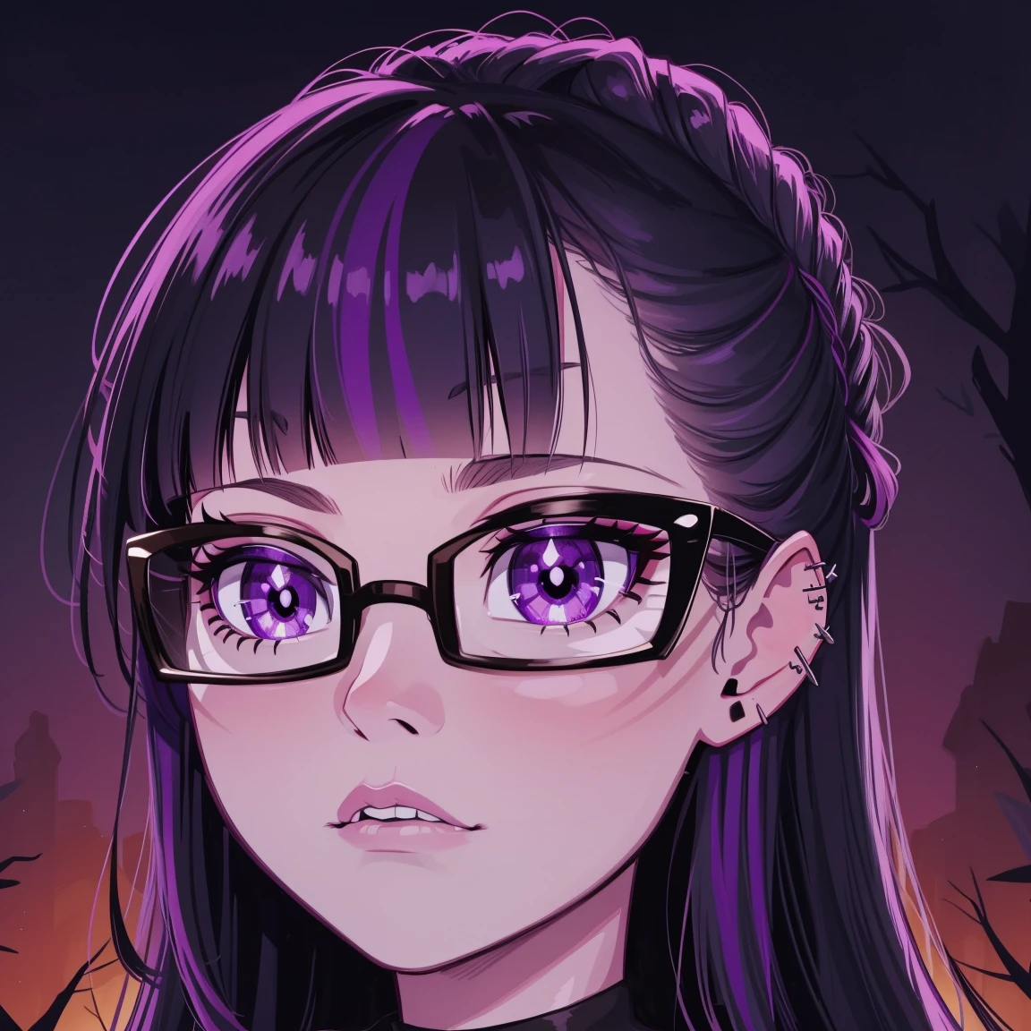 Twilight sparkle, goth girl, autumn forest background, detailed, detailed, detailed, beautiful, detail, goth girl, masterpiece, glasses, dark night background, gothic, goth, goth, detailed, goth girl, piercings, detailed face, looking viewer, Twilight sparkle, (Dark eye shadow) dark eye shadow, black eye shadow,