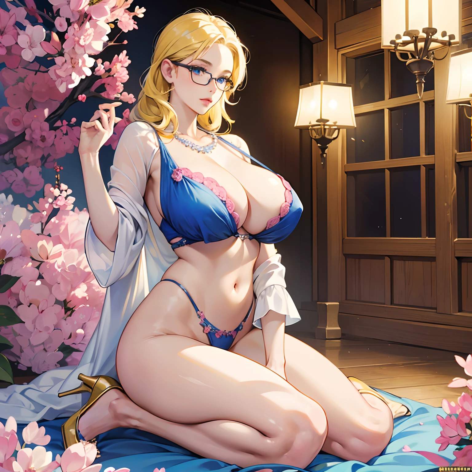 Obra maestra, La mejor calidad,8K resolution,realista,1 girl, milf, beautiful, perfect, yellow hair, blue eyes, Big ?????, Big ????, ???????????, Big ???????, full body, Pearl necklace, pink microbikini, heels, glasses