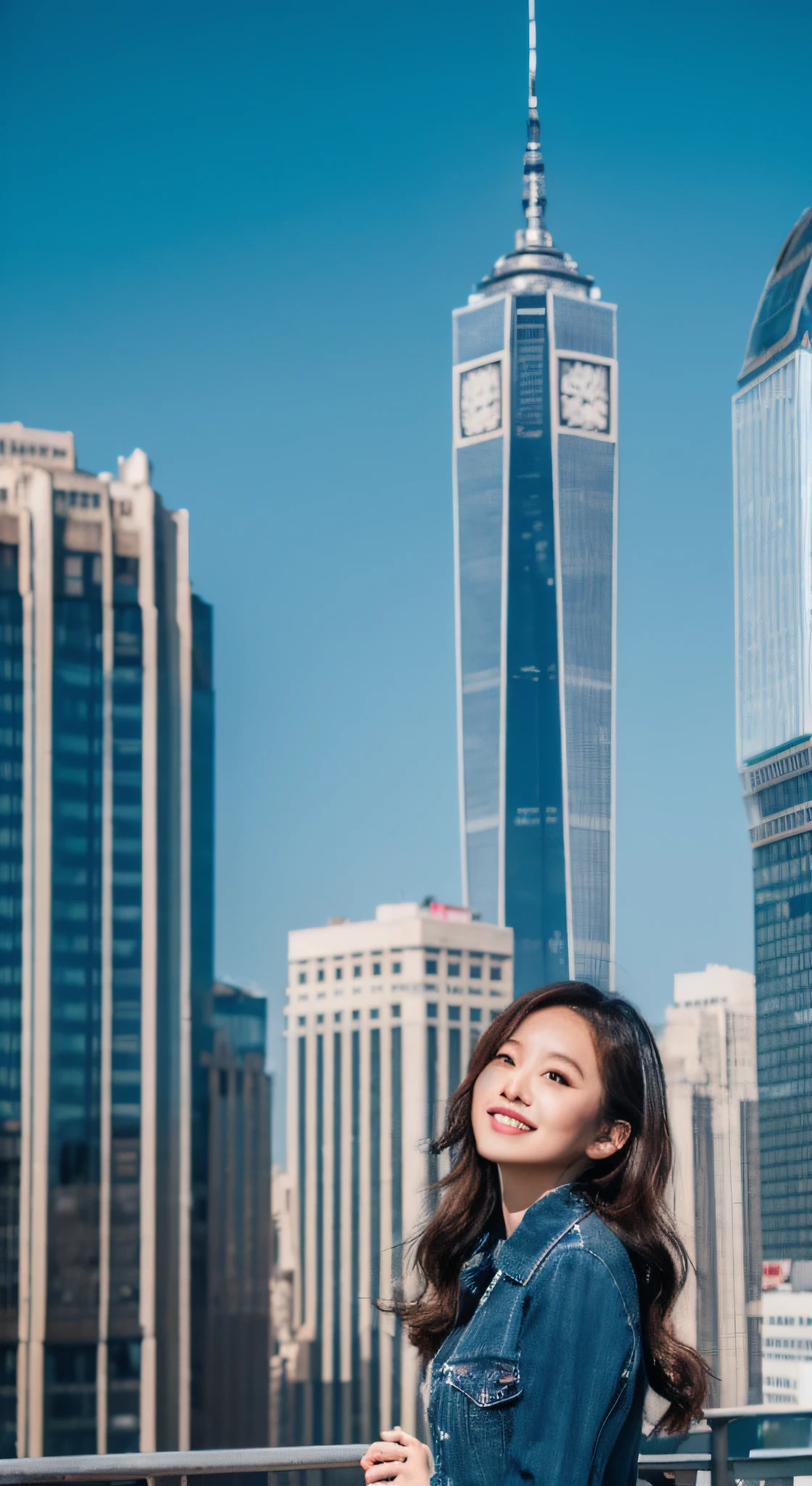 (masutepiece:1.2) (Best Quality) (Detailed) (Convoluted) (8K) (nffsw) (Wallpaper) (Cinematic lighting) (Sharp Focus),1girl in,  Skyscraper, Cityscape, felis_Wheel, Blue_skyporn, city, racket, skyporn, blush, sky line, On the rooftop, architecture, Smile, day, east_Asian_architecture, lens_f lare, tower, Bridge,  Closed mouth, High-resolution images of the whole body, realisitic_newyork_location,Beautiful face,