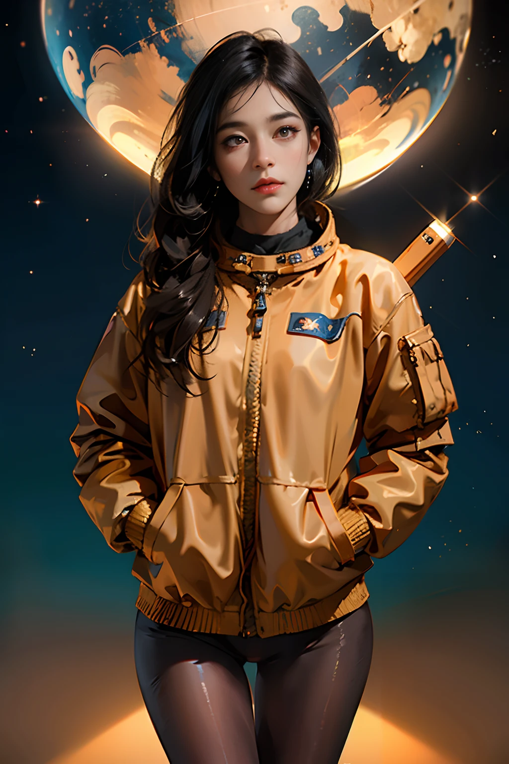 (((Masterpiece))) (((detailed))) Golden and White trim, astronaut::3, Asian, dark hair, brown eyes, round pupils, full body, Highly Detailed, Trending on Artstation, Unreal Engine 4K, Cinematic Wallpaper, fondo de James Jean y Gustav Klimt, luz de Julie Bell, 4K, detallado, 8K, dynamic lighting,astronauta::3, lluvia intensa, magica, muy detallado, tendencia en Artstation, Unreal Engine 4K, cinematic wallpaper::1, Canon EOS-1D X Mark III f/2.8, golden hour