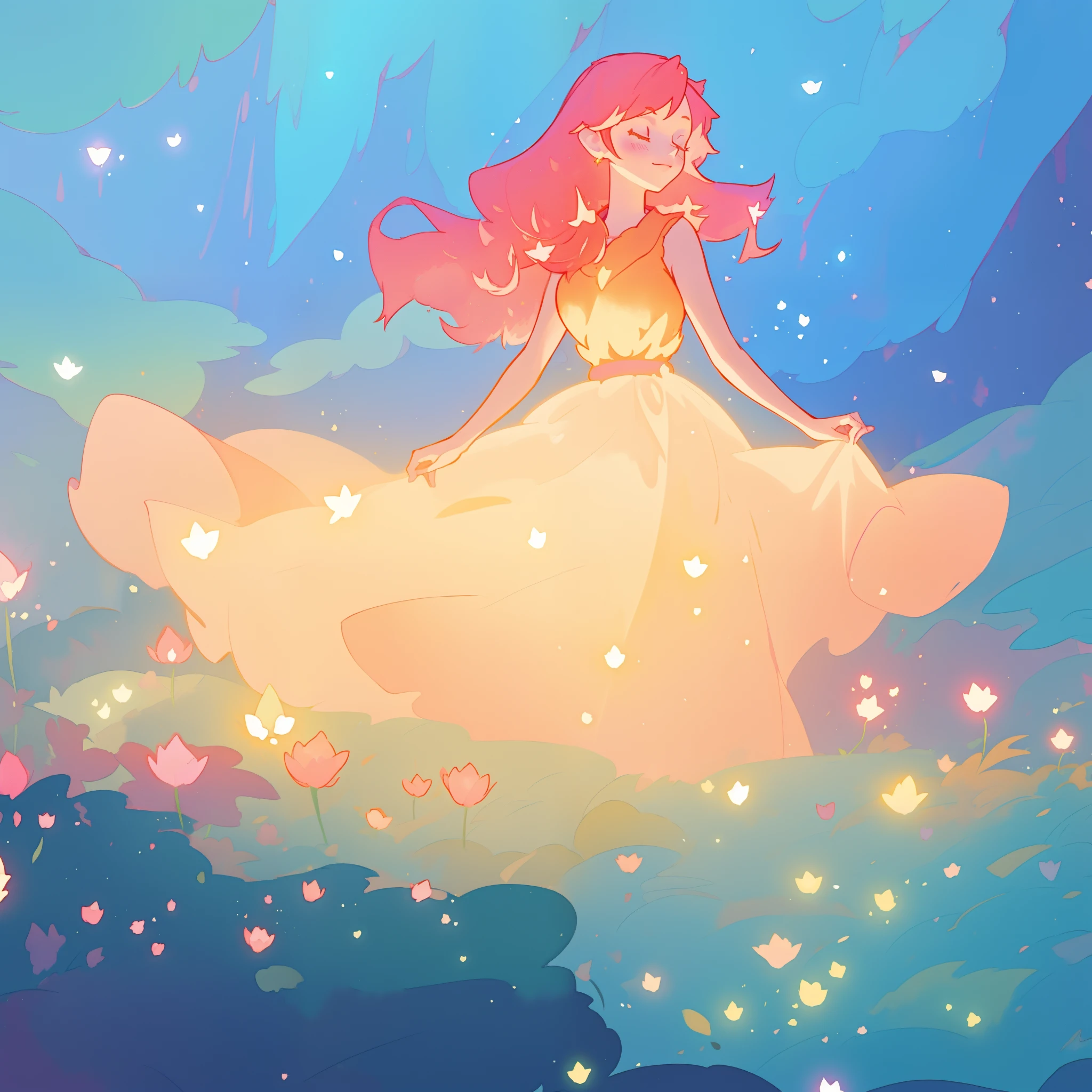 beautiful girl in glowing golden ballgown, long flowing red pink hair, fantasia magical forest background, watercolor illustration, disney art style, glowing aura around her, glowing lights, beautiful digital illustration, fantasia otherworldly landscape plants flowers, beautiful, masterpiece, best quality, anime disney style