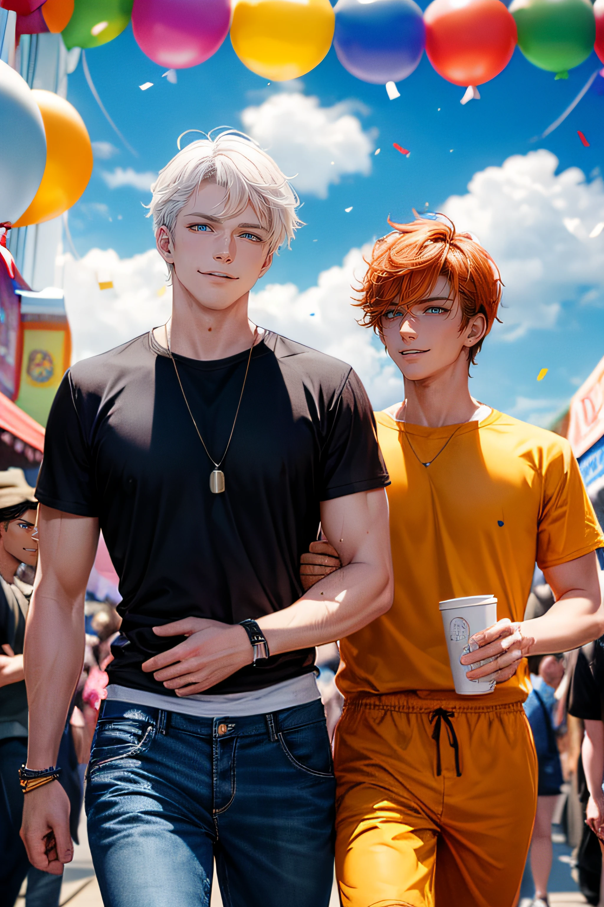 (best quality,highres,ultra-detailed:1.2),HDR,UHD,masterpiece:1.2,2 people,2 persons,2 Men,25-year-old,toned,masculine,male,Has Orange Hair,Blue Eyes,Yellow eyes,Has short hair,wearing a black shirt,wearing a T-shirt,Wearing sweatpants,Walking at a festival,Having a Party,with a friend,the other man has White Hair,Birthday Balloons,Confetti.
