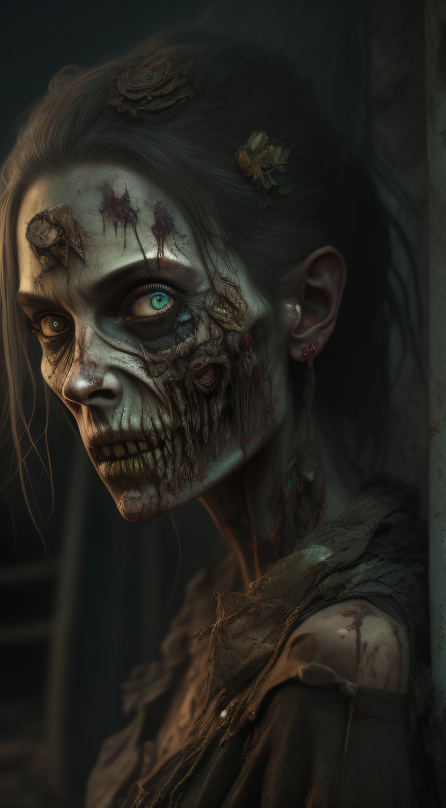 zombie, tattered ruined clothes, dead rotting skin on the face, dirty muddy hair, extremely detailed dried rotting peeling dead skin, malnourished woman, blind, wide angle, detailed environment,, highly detailed, intricate, detailed skin, professionally color graded, photorealism, 8k, art by George Pfau