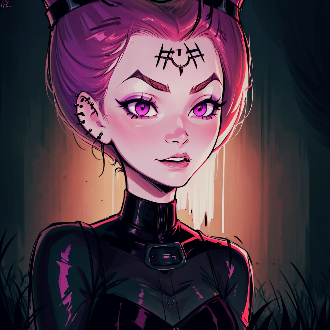 Jinx, goth girl, autumn forest background, detailed, detailed, detailed, beautiful, detail, goth girl, masterpiece, dark night background, gothic, goth, goth, detailed, goth girl, piercings, detailed face, looking viewer, Jinx, jinxtt, (Dark eye shadow) dark eye shadow, black eye shadow,