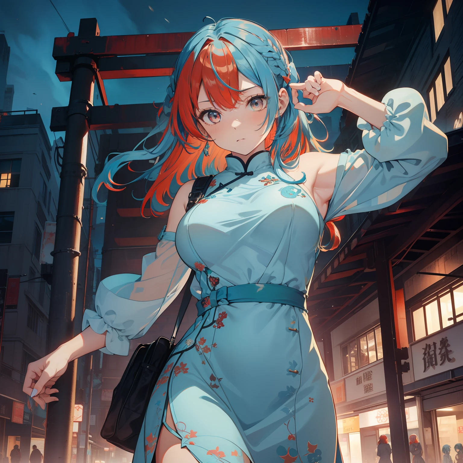 (masutepiece,Best Quality,8K),(extremely detailed CG1.1),1 girl,deadpan,large boob,Underpass,nighttime scene,(From below:1.2),Summer light,Intricate details , Hyper realistic, Perfect Anatomy,Red Eyes,Bun,((((((lightblue hair)))))),Bangs,hair slicked back,Full body,qipao dress,short-hair,Powerful Pose