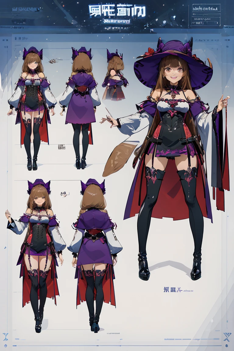 ((masterpiece)),(((best quality))),(((very detailed))), (Character design sheet, same character, same outfit, multiple views. 1 mature woman, genshin impact style, hair long brown eyes, brown, mischievous and happy smile showing her fangs and sharp teeth, fluffy purple witch clothes, long witch dress, long thigh-high stockings, boots, hat, medium breasts, thick thighs, standing, digital sheet background, information on a shore.