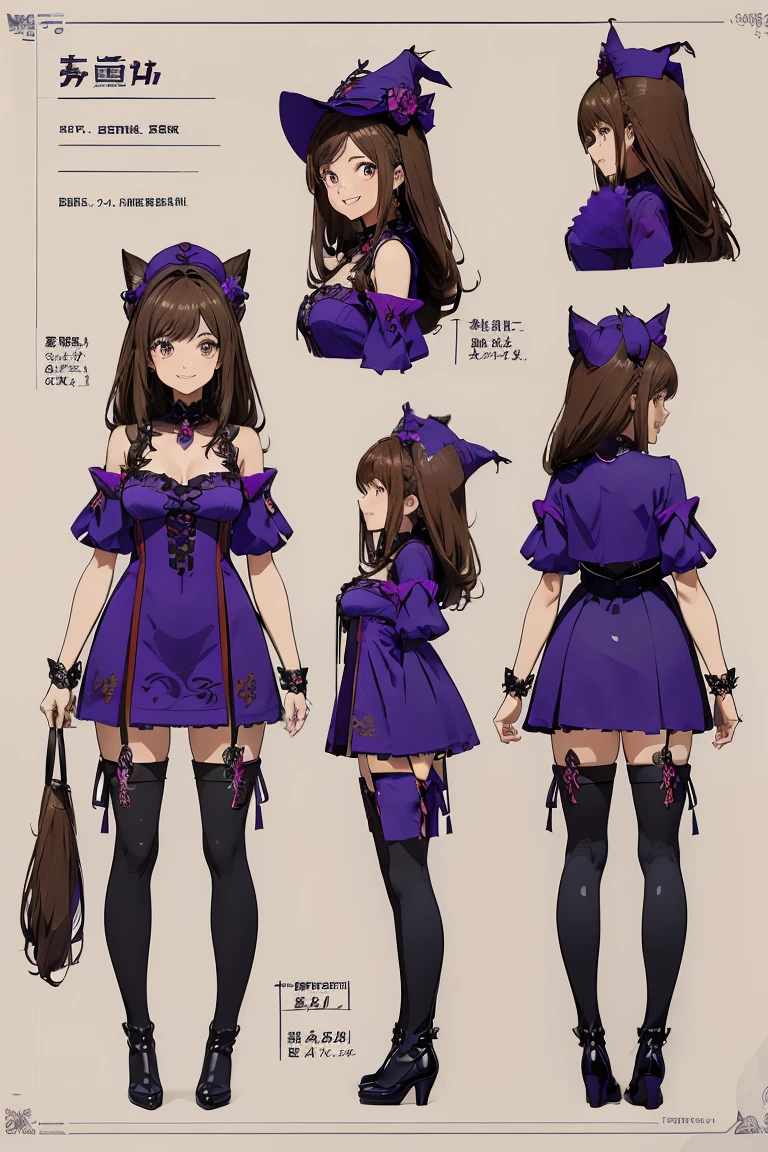 ((masterpiece)),(((best quality))),(((very detailed))), (Character design sheet, same character, same outfit, multiple views. 1 mature woman, genshin impact style, hair long brown eyes, brown, mischievous and happy smile showing her fangs and sharp teeth, fluffy purple witch clothes, long witch dress, long thigh-high stockings, boots, hat, medium breasts, thick thighs, standing, digital sheet background, information on a shore.