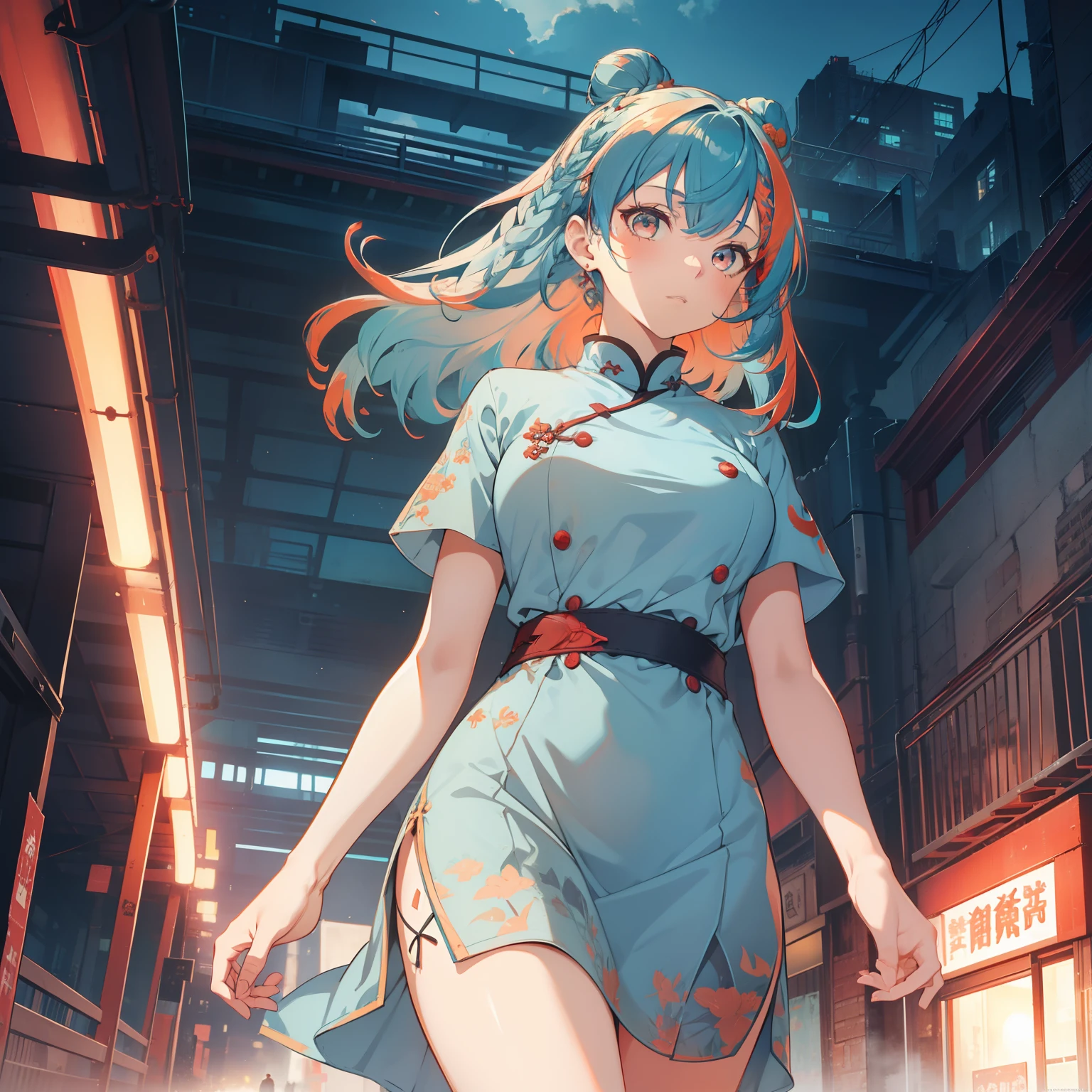 (masutepiece,Best Quality,8K),(extremely detailed CG1.1),1 girl,deadpan,large boob,Underpass,nighttime scene,(From below:1.2),Summer light,Intricate details , Hyper realistic, Perfect Anatomy,Red Eyes,Bun,((((((lightblue hair)))))),Bangs,hair slicked back,Full body,qipao dress,short-hair,Powerful Pose