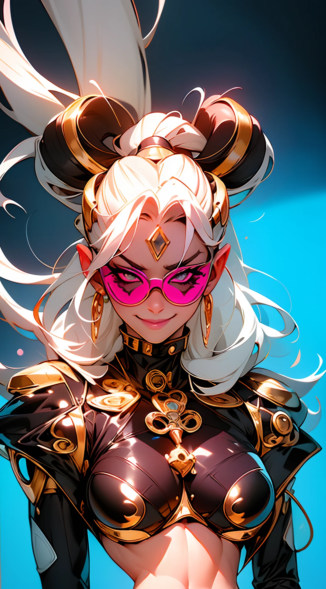 A fantz monster design, Cute robots in space [style-rustmagic]，female robot，Half-human, tmasterpiece，（tmasterpiece，top-quality，best qualityer），1girll， jewely，耳Nipple Ring，choker necklace，bangle，  hoop earings， circle glasses，sun glasses， Long hair and long flesh， Blonde hair，Black color hair，Silvery-white hair，Maroon hair， 独奏，  ssmile，  looking at viewert， motorvehicle，The Car， Sports cars，groundvehicle， Sat down， exteriors， daysies， nedium breasts，Open navel， dark skinned female，  Estampados florales， grinning smile，collars，Laser cloth，Sexy bikini，laser，holy rays，gold foil，Gold leaf art，glitter drawing，Correct anatomy，Detailed face, Detailed eyes，Chest exposed，