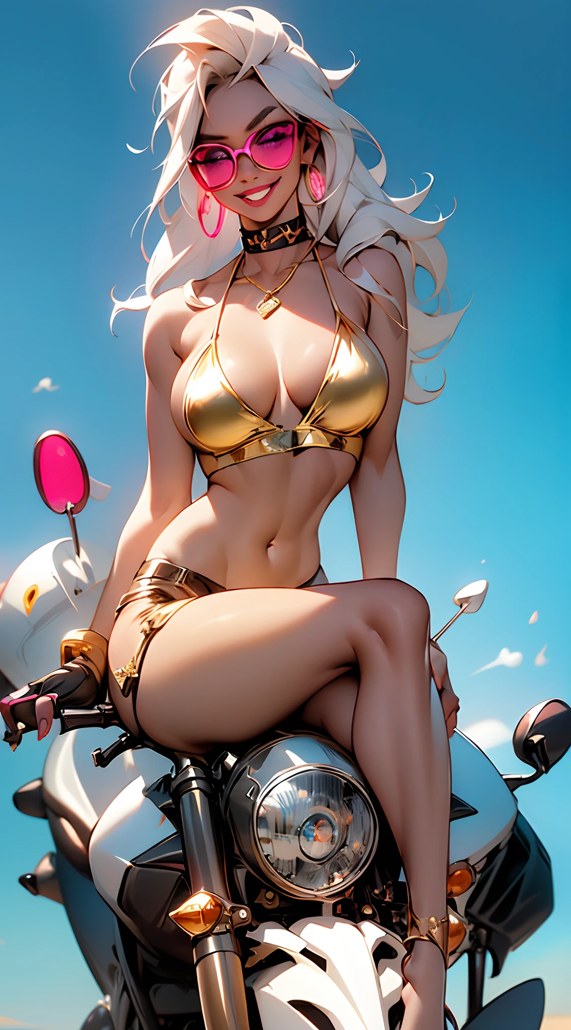 A fantz monster design, Cute robots in space [style-rustmagic]，female robot，Half-human, tmasterpiece，（tmasterpiece，top-quality，best qualityer），1girll， jewely，耳Nipple Ring，choker necklace，bangle，  hoop earings， circle glasses，sun glasses， Long hair and long flesh， Blonde hair，Black color hair，Silvery-white hair，Maroon hair， 独奏，  ssmile，  looking at viewert， motorvehicle，The Car， Sports cars，groundvehicle， Sat down， exteriors， daysies， nedium breasts，Open navel， dark skinned female，  Estampados florales， grinning smile，collars，Laser cloth，Sexy bikini，laser，holy rays，gold foil，Gold leaf art，glitter drawing，Correct anatomy，Detailed face, Detailed eyes，Chest exposed，