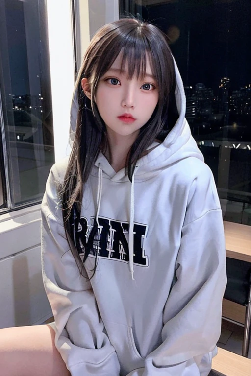 (8K、Raw photography、top-quality、masterpiece:1.2)、(realisitic、Photorealsitic:1.37)、1 girl in、 only、cute little、adolable、(blue eyess)、(Shy smile:0.4)、(独奏)、详细的脸、oval-face、Thin almond eyes、Black hair straight、Hair over one eye、A slender、medium breasts、Grey sweat hoodie、Dramatic Angle、tilt of the head、fluorescent lamp、Inside the coffee shop、Sitting by the window、small head、(Facing the other side)、teens girl